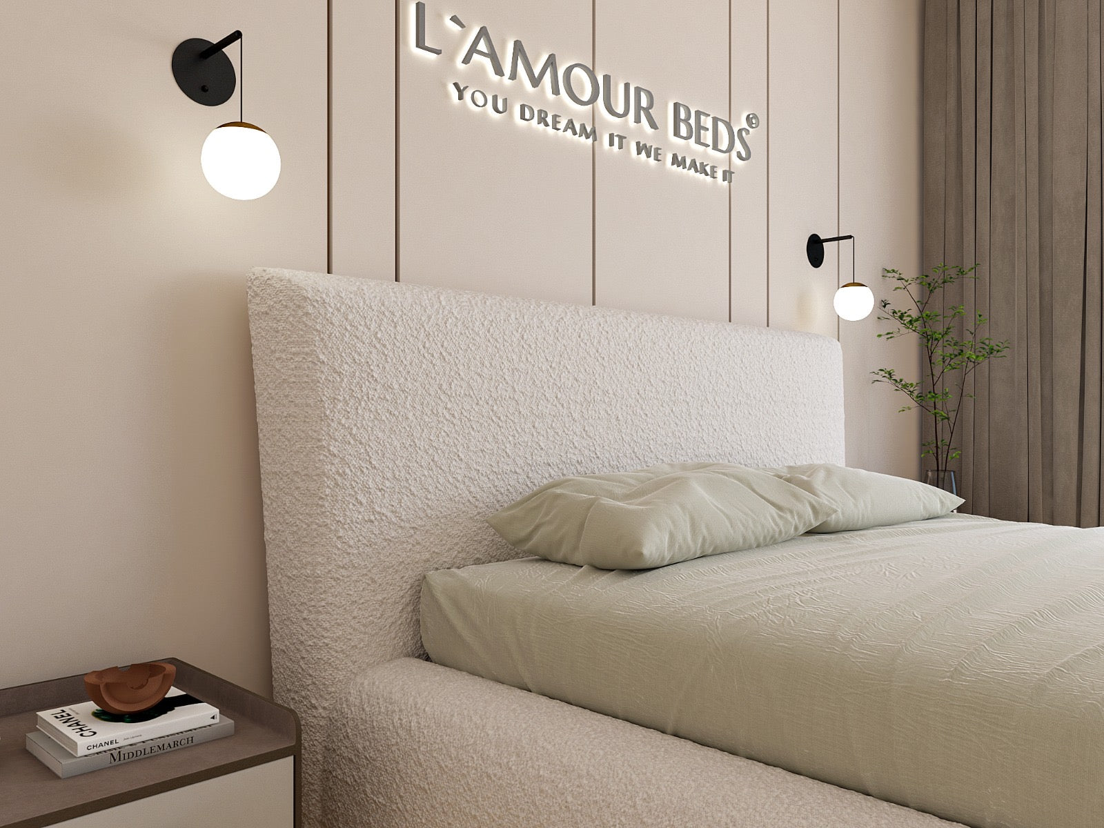 New Valencia Boucle Bed Frame With Thick Sides and Footboard - L'amour Beds