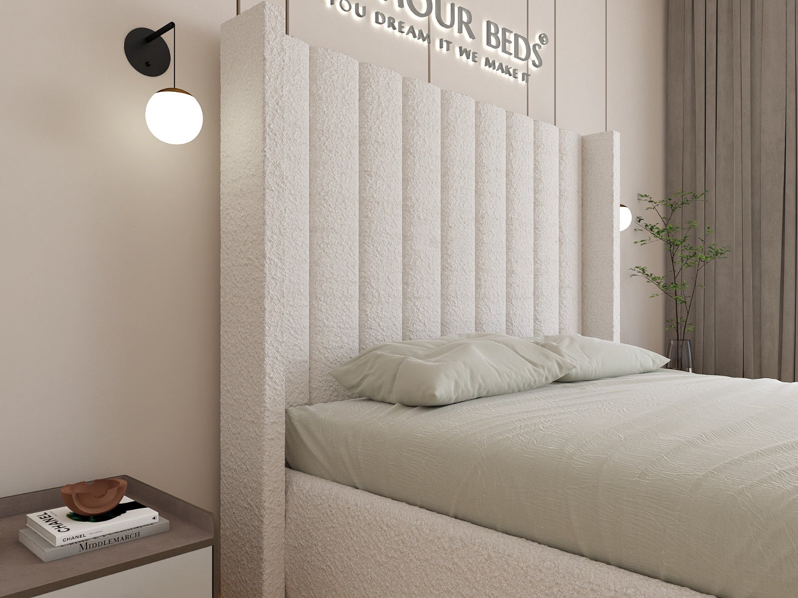 New Dusk Wingback Boucle Bed Frame With Plain Footboard - L'amour Beds