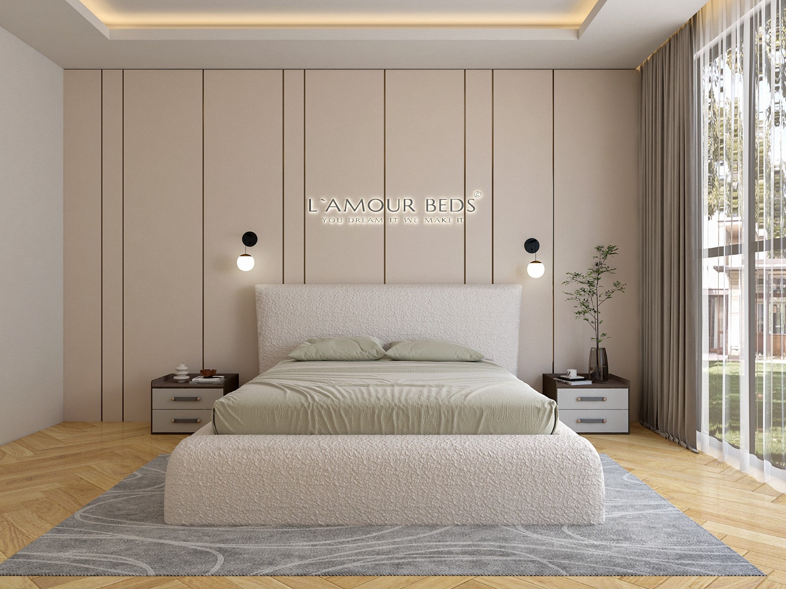 New Valencia Boucle Bed Frame With Thick Sides and Footboard - L'amour Beds