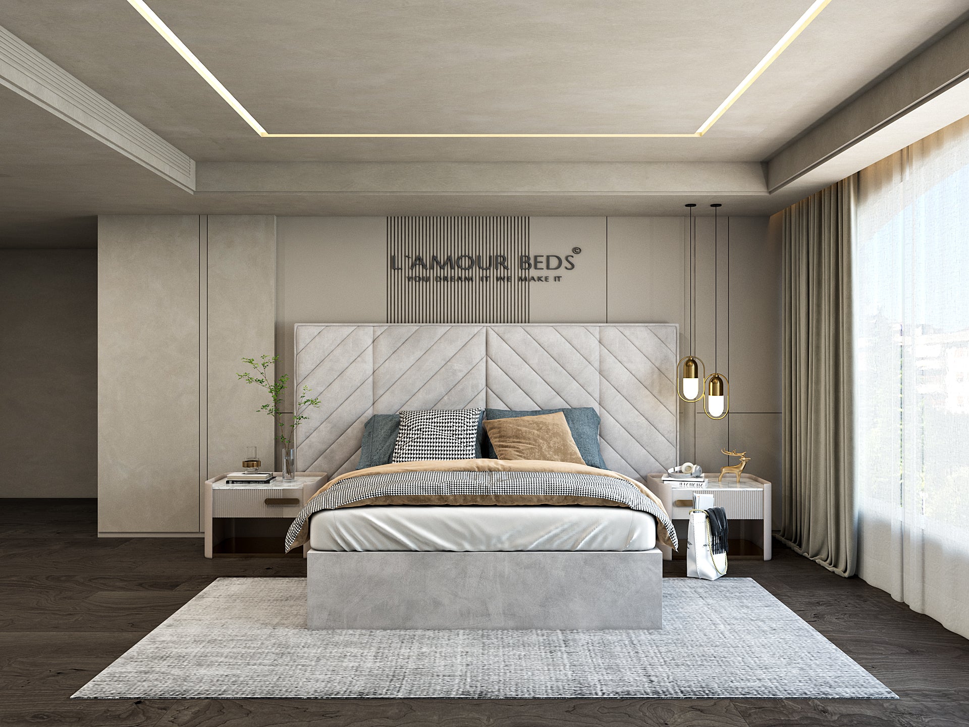 Modern bedroom with a stylish quilted headboard, neutral tones, and soft lighting. Clean lines and a minimalist design create a calm, elegant atmosphere.