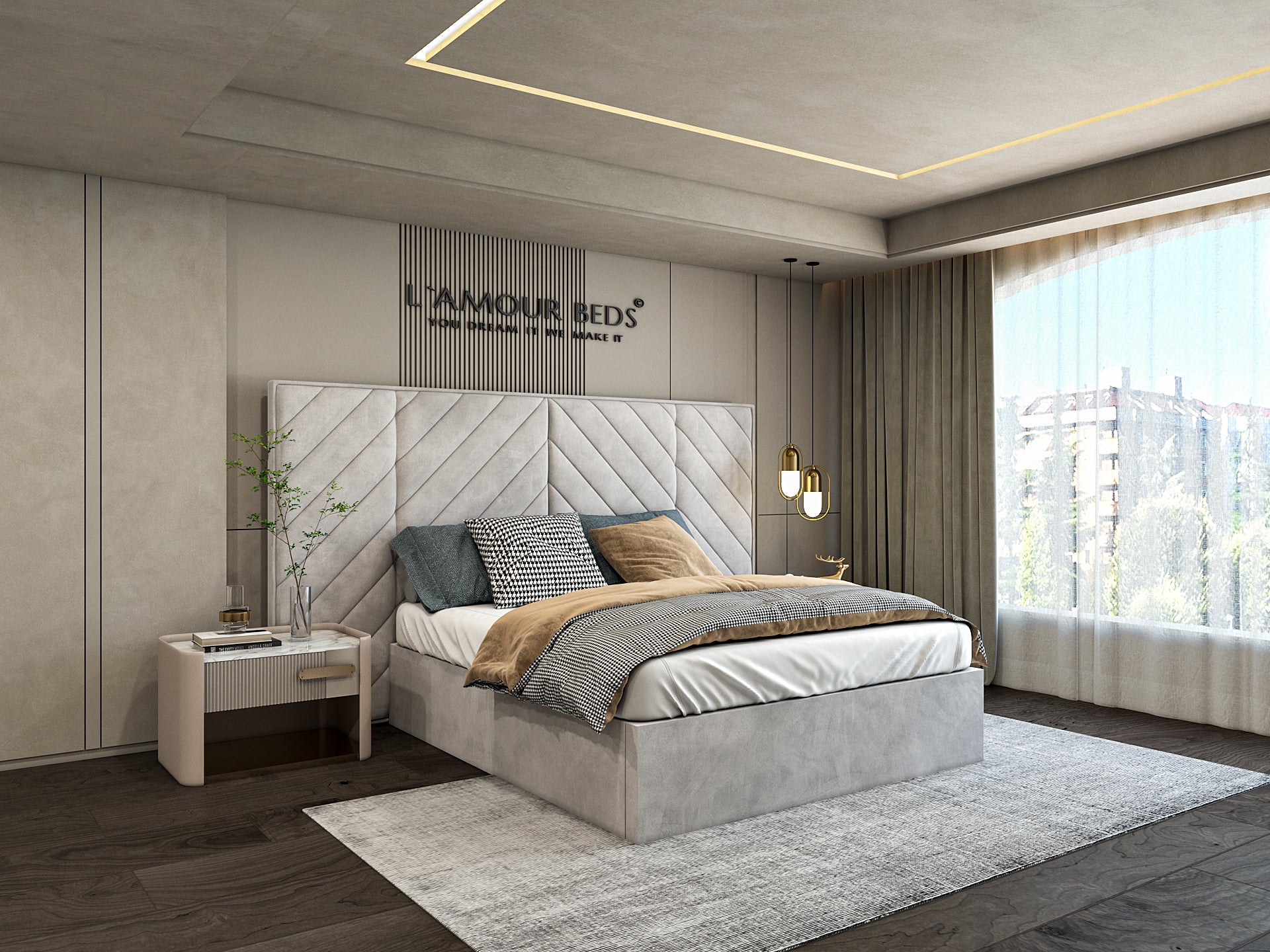 Modern bedroom with a large bed, gray and white bedding, and a lamp on a side table. Floor-to-ceiling windows overlook a cityscape, creating a serene ambiance.