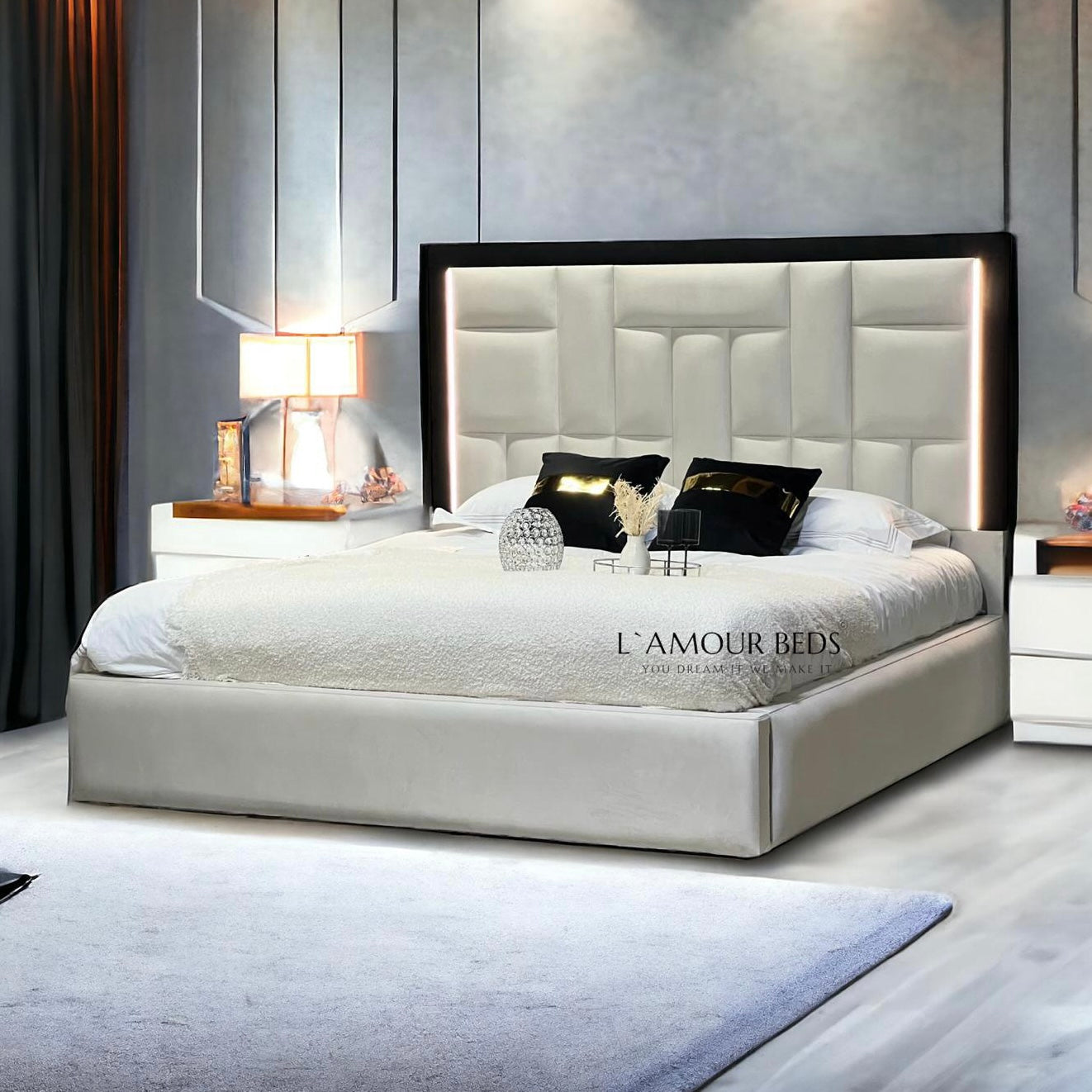 Rowen Jigsaw panels Bed With LED Lighting 3" Thick Side rails - L'amour Beds