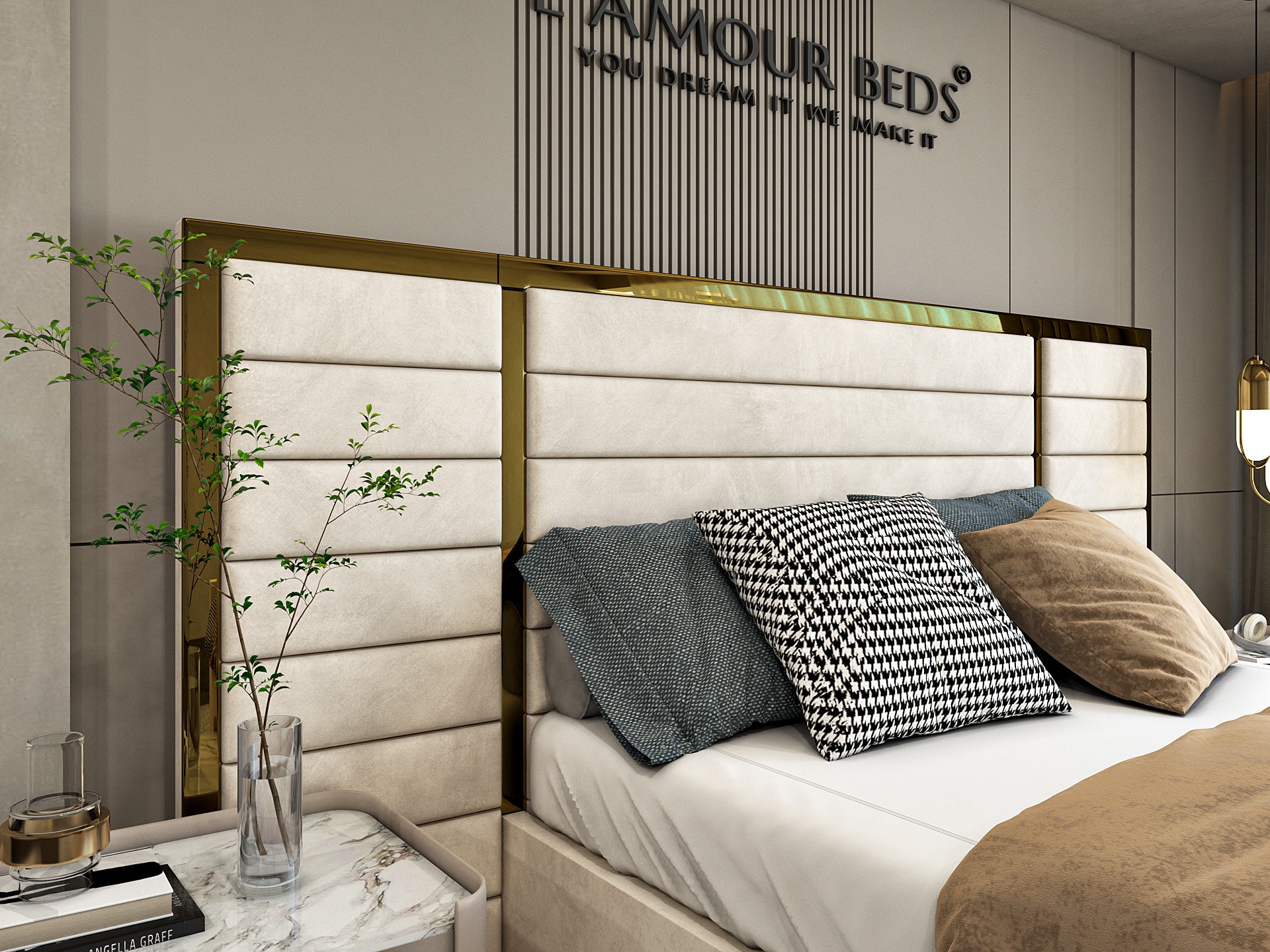Elegant bedroom showcasing a stylishly upholstered headboard with gray and beige pillows on a neatly made bed, emitting a cozy and luxurious ambiance.