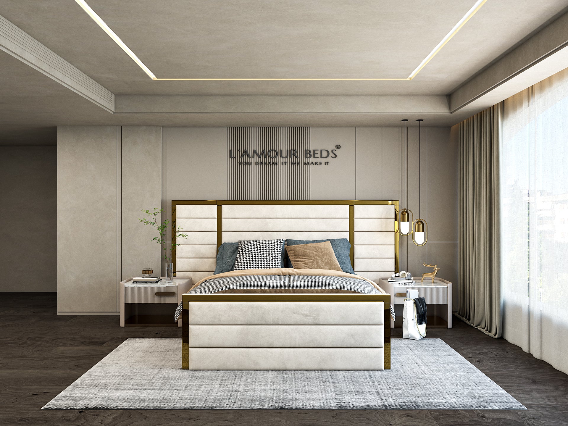 A modern, minimalist bedroom with a neutral color palette features a large bed, built-in shelves above, soft lighting, and floor-to-ceiling window blinds.