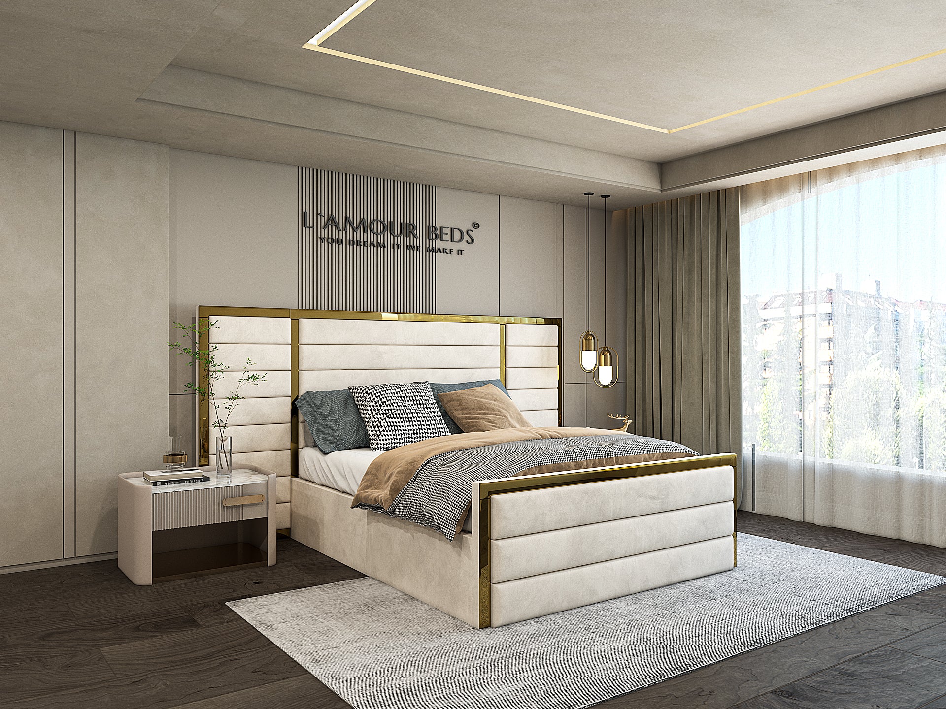 Modern bedroom with a sleek white bed, matching side tables, and large windows letting in natural light. The room feels calm and minimalistic.