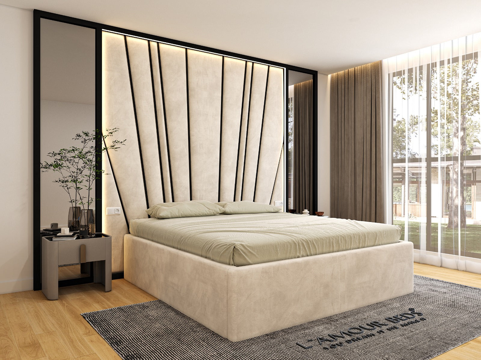 Cream fan line wall panel bed with LED border headboard, upholstered fabric base, modern bedroom design and soft natural lighting