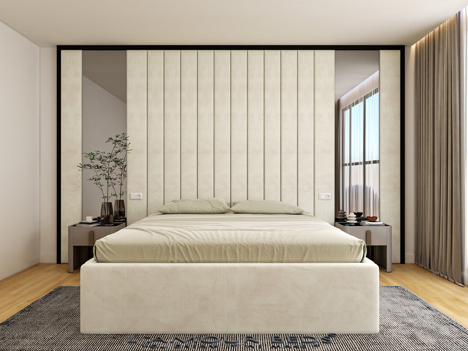 Cream full panel headboard bed frame with vertical upholstered panels, soft fabric base and modern minimalist bedroom.
