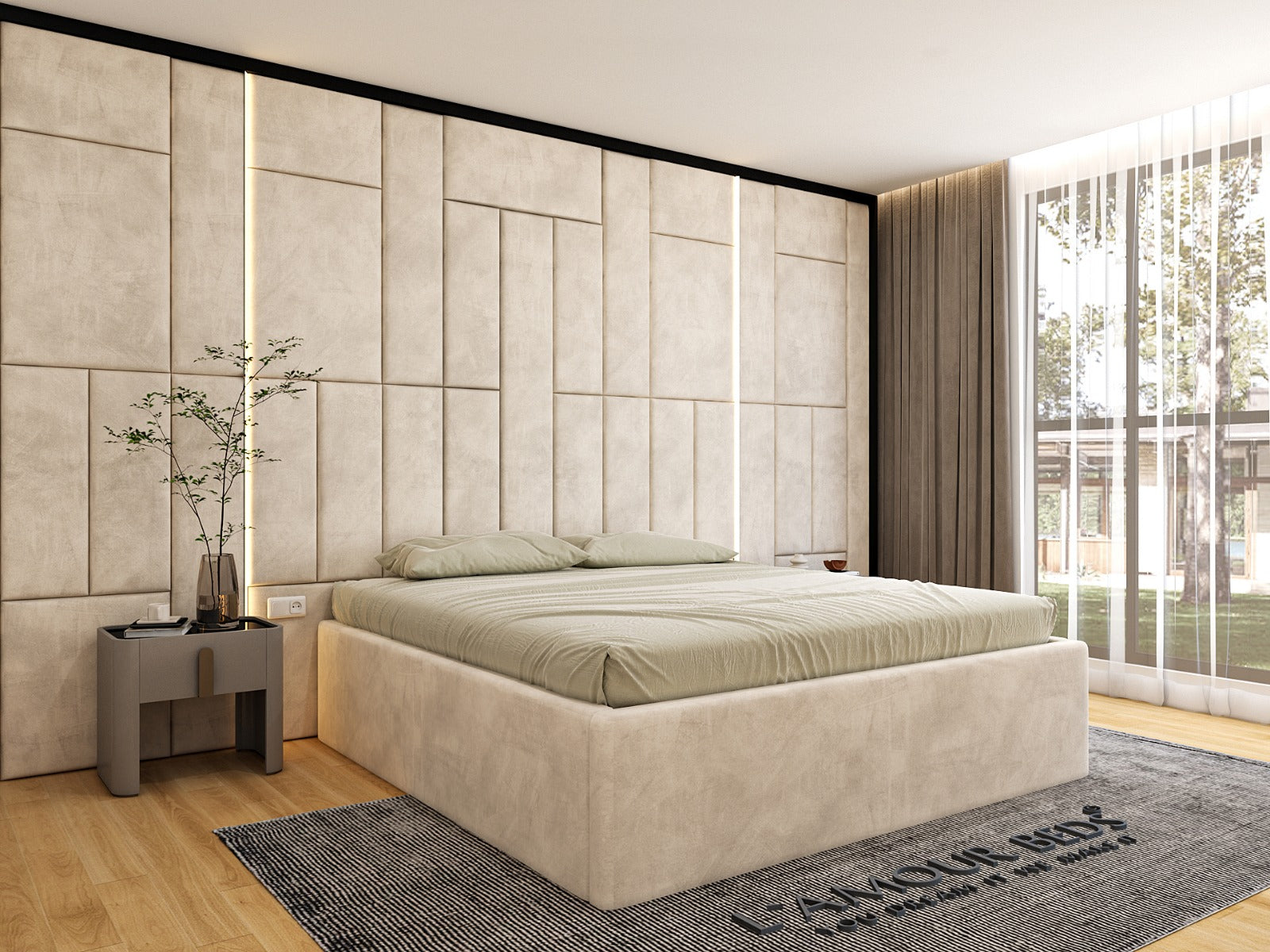 Cream geometric wall panel bed with vertical LED lines, upholstered base, bedside table and modern bedroom setting.