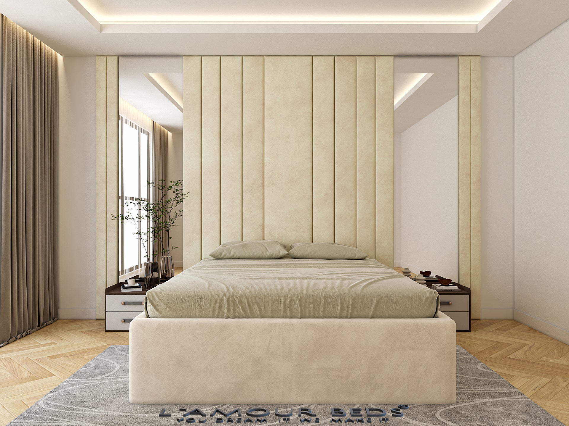 Cream Plush Upholstered Bed Frame – Wall Panel Beds