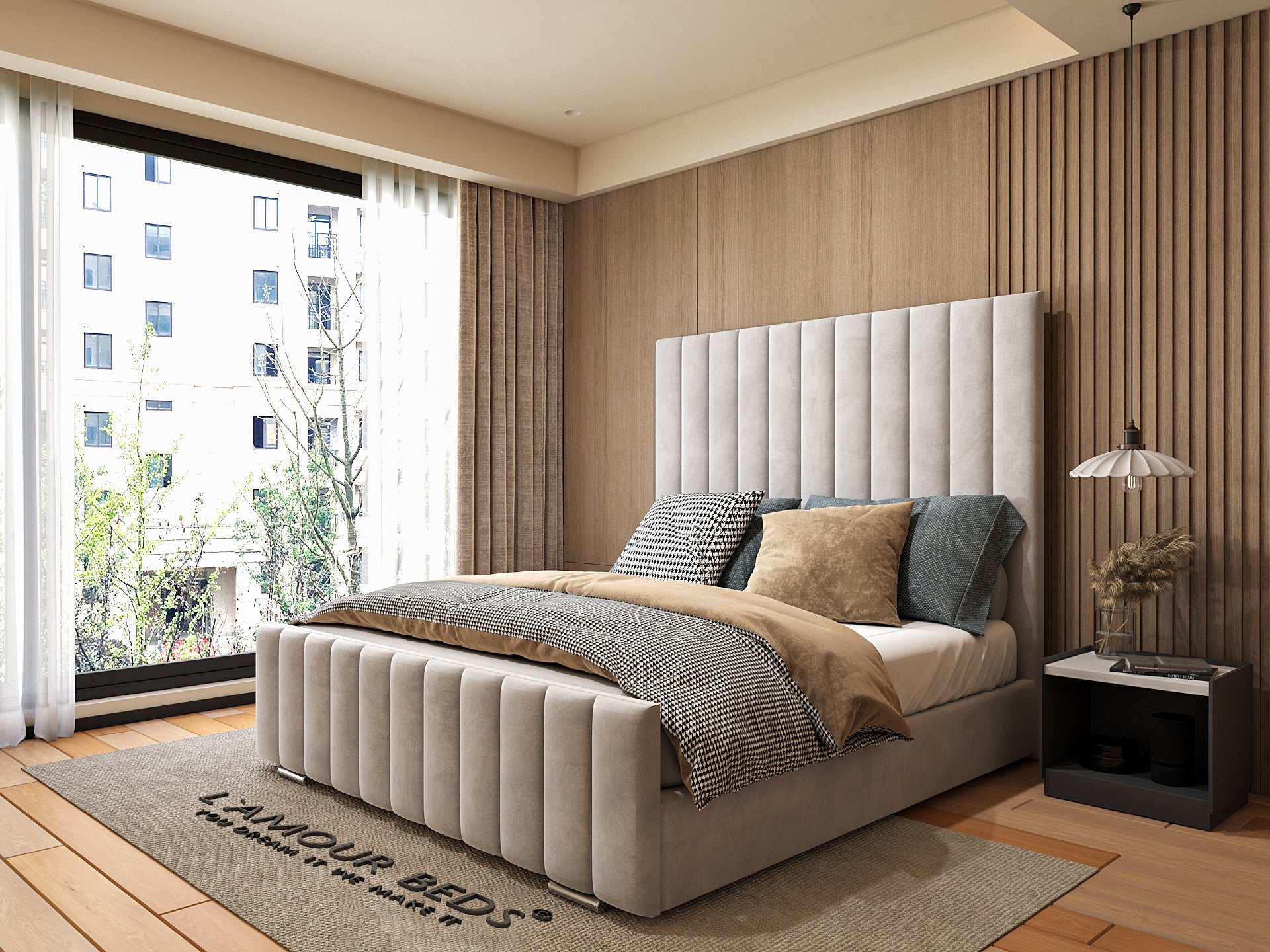 Modern bedroom with a large bed, neutral tones, and elegant decor. Sunlight streams through a window, highlighting a cozy and peaceful atmosphere.
