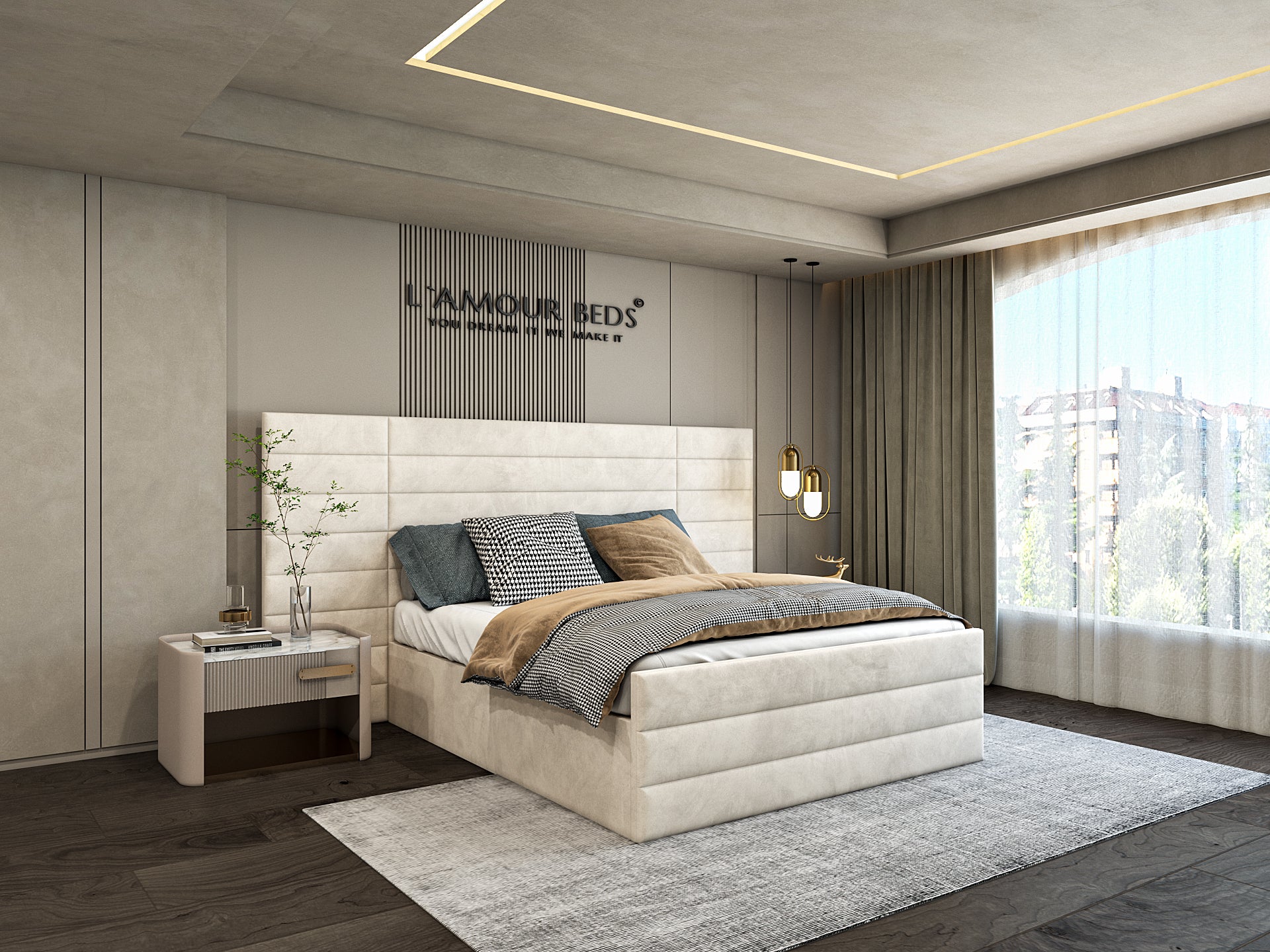 Modern bedroom with a large white bed, gray bedding, and a sleek nightstand. A floor-to-ceiling window offers a city view, creating an airy and serene atmosphere.