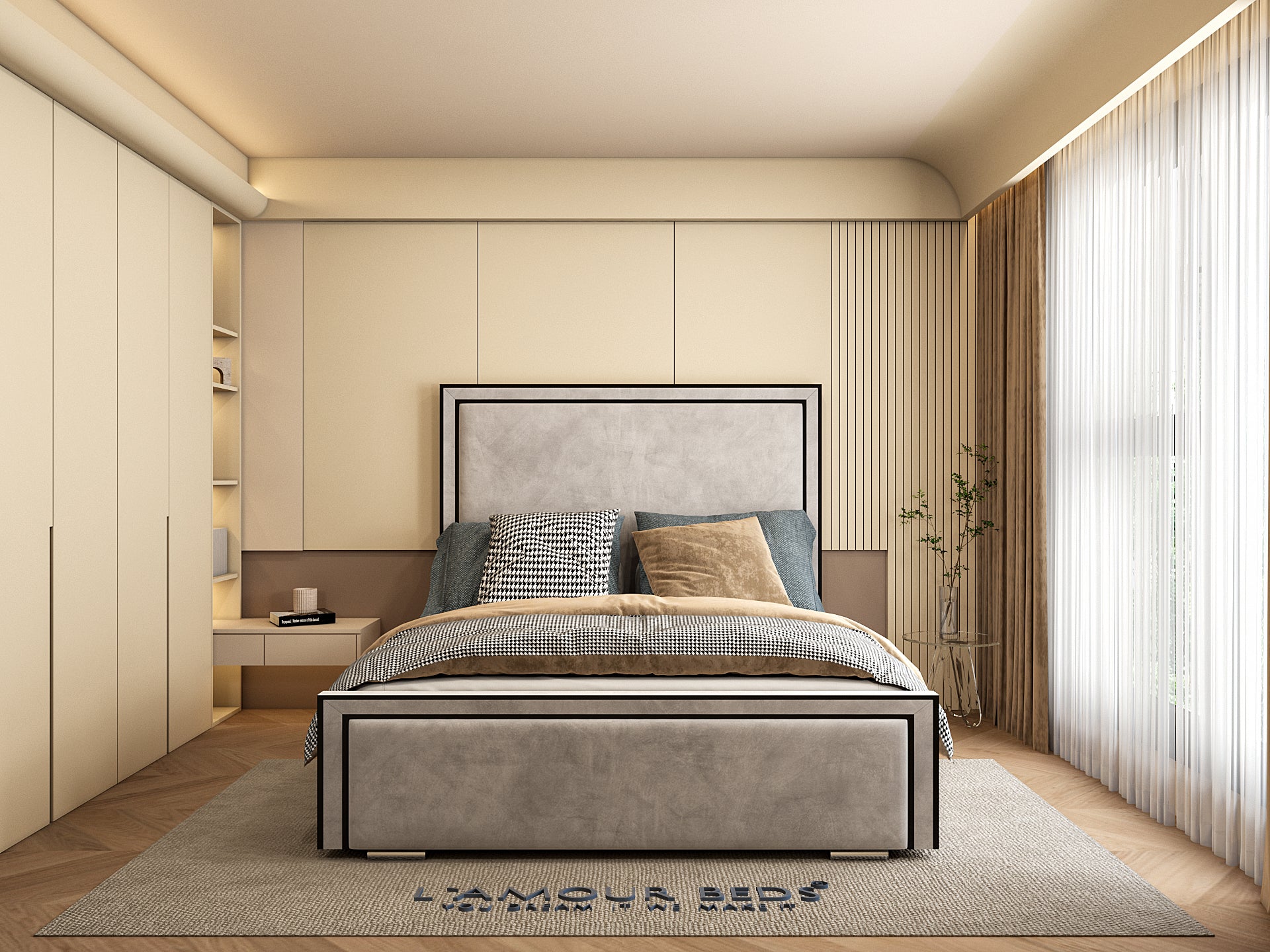Grey framed trim bed frame with upholstered headboard, soft fabric base and modern bedroom interior with fitted wardrobes.