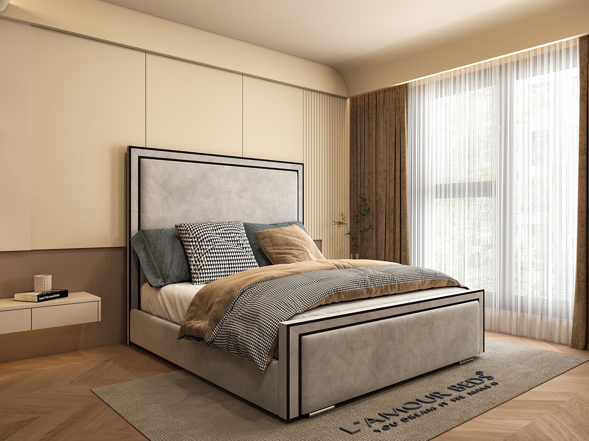Side view of grey framed trim bed frame with sleek panel design, neutral bedding and natural daylight from large window.