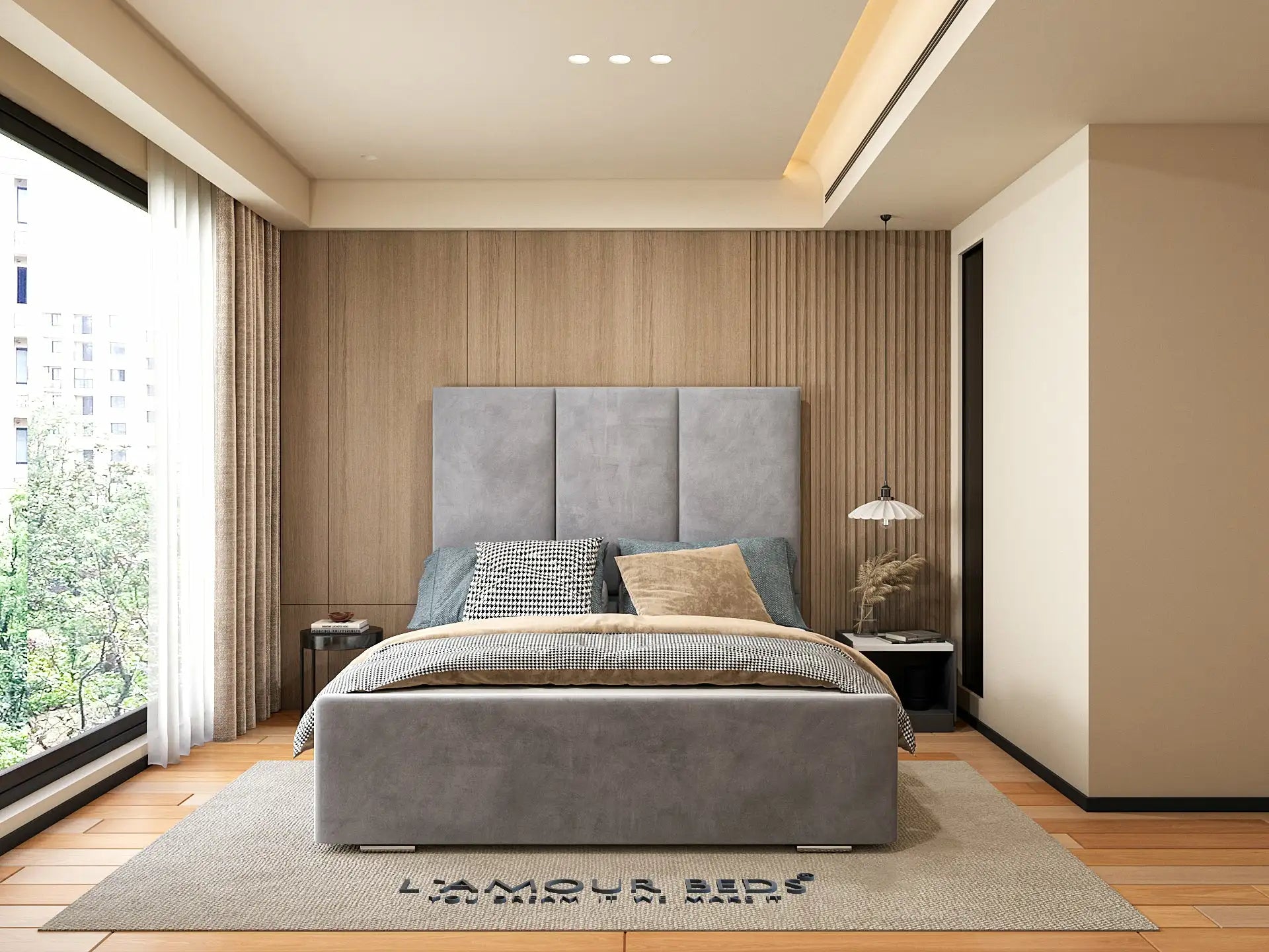 Grey upholstered panel headboard bed frame with soft fabric base, neutral bedding and modern bedroom interior.