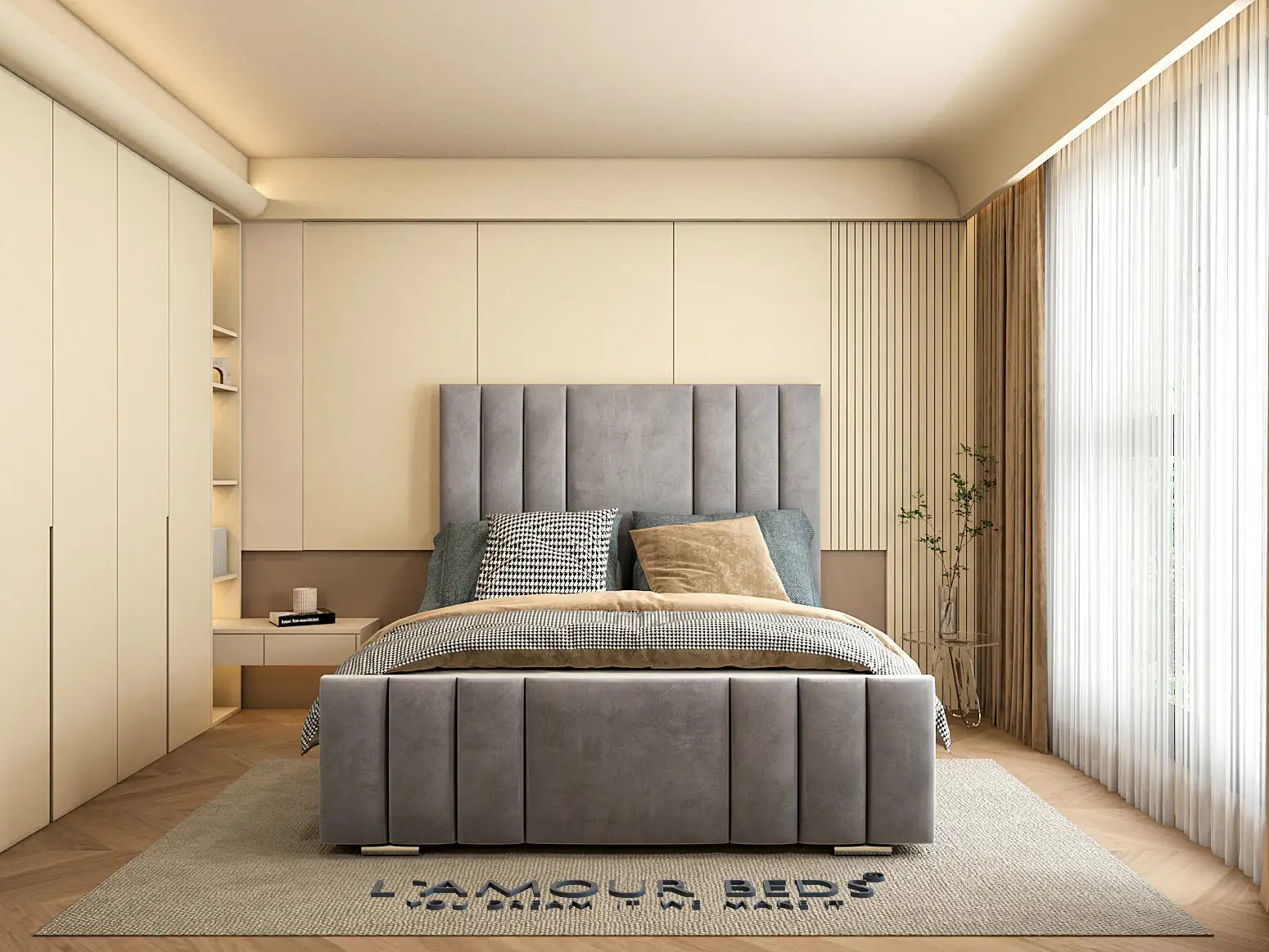 Front view of grey vertical panel storage bed frame with padded upholstery, neutral bedding and contemporary interior design.