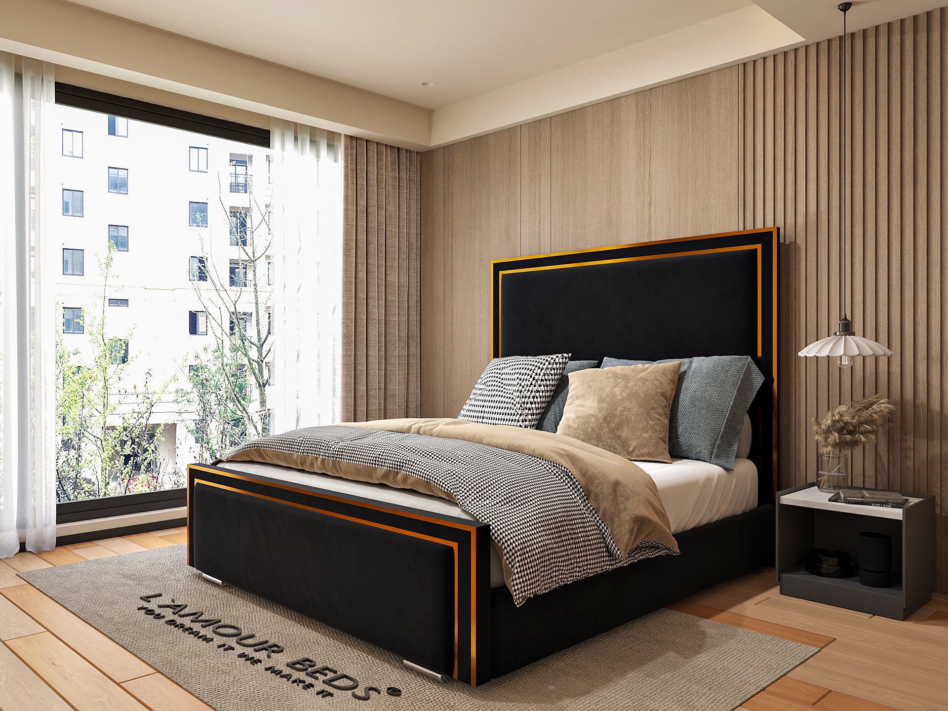 Black upholstered bed frame with gold trim, padded headboard, luxury bedding and modern bedroom interior with large window.