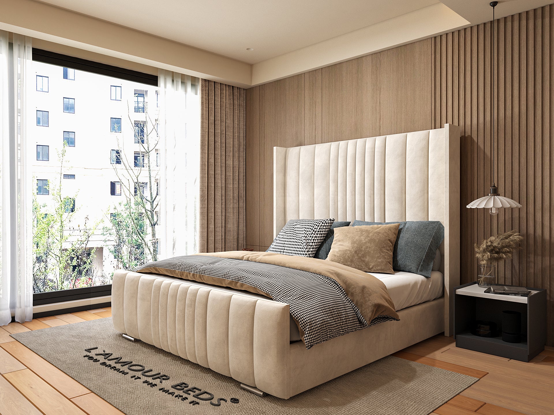 Modern bedroom with large windows, a tufted headboard, neutral-toned bedding, and wooden walls. Bright, cozy ambiance with soft natural light.