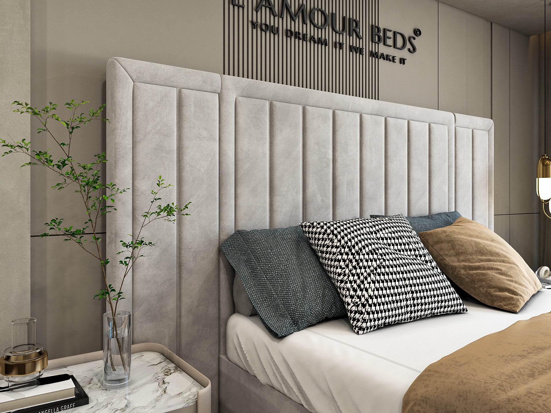 Cozy bedroom with a rustic wooden headboard, two gray pillows, and a beige throw blanket. A potted plant and a modern lamp are on the bedside table.