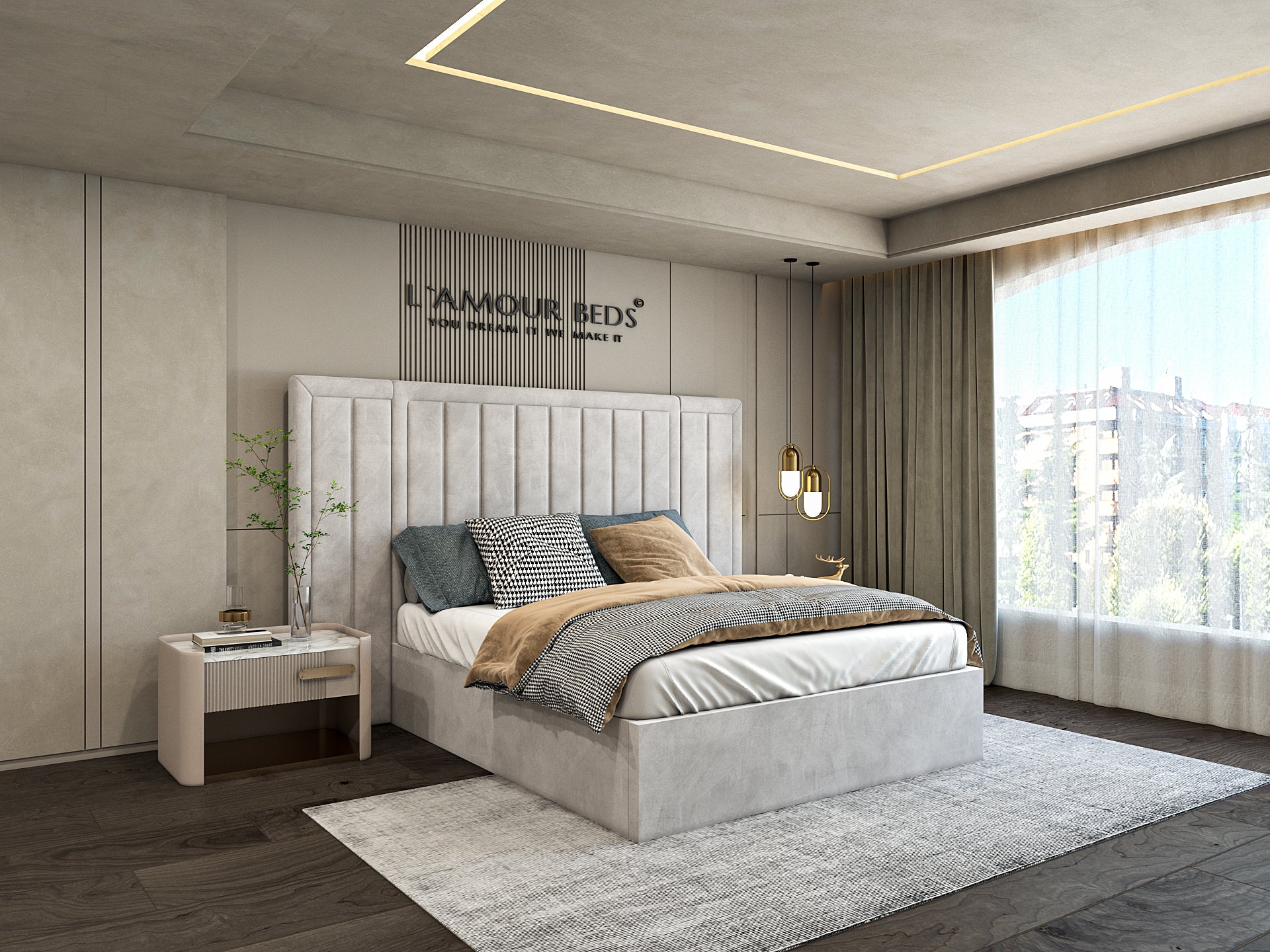 A modern bedroom with a large bed featuring white and gray bedding, flanked by two side tables with lamps. A large window offers a cityscape view, creating a serene, stylish ambiance.