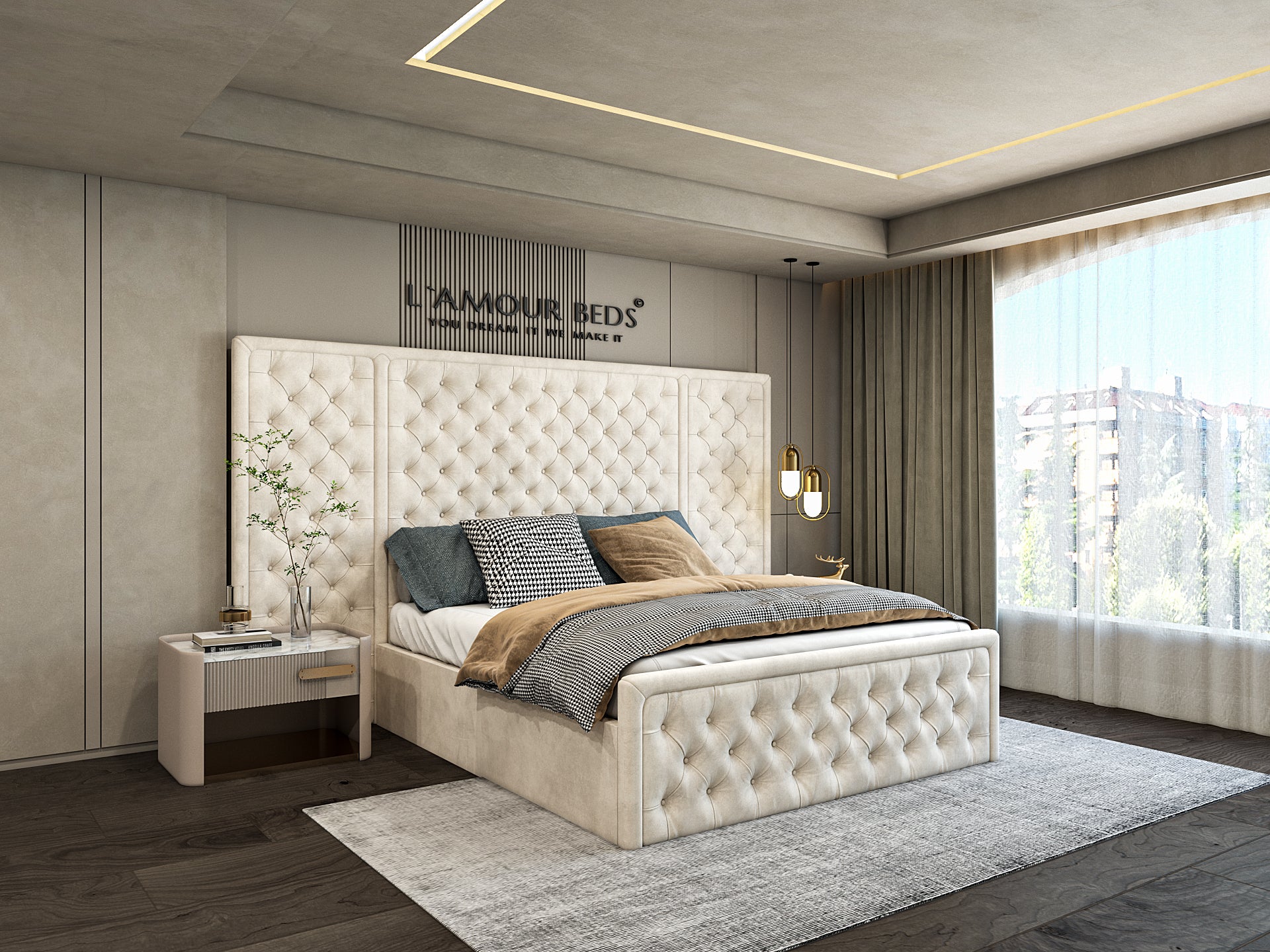 Modern bedroom with a large bed featuring white linens and a gray throw. Floor-to-ceiling windows offer a city view, creating a serene, spacious atmosphere.