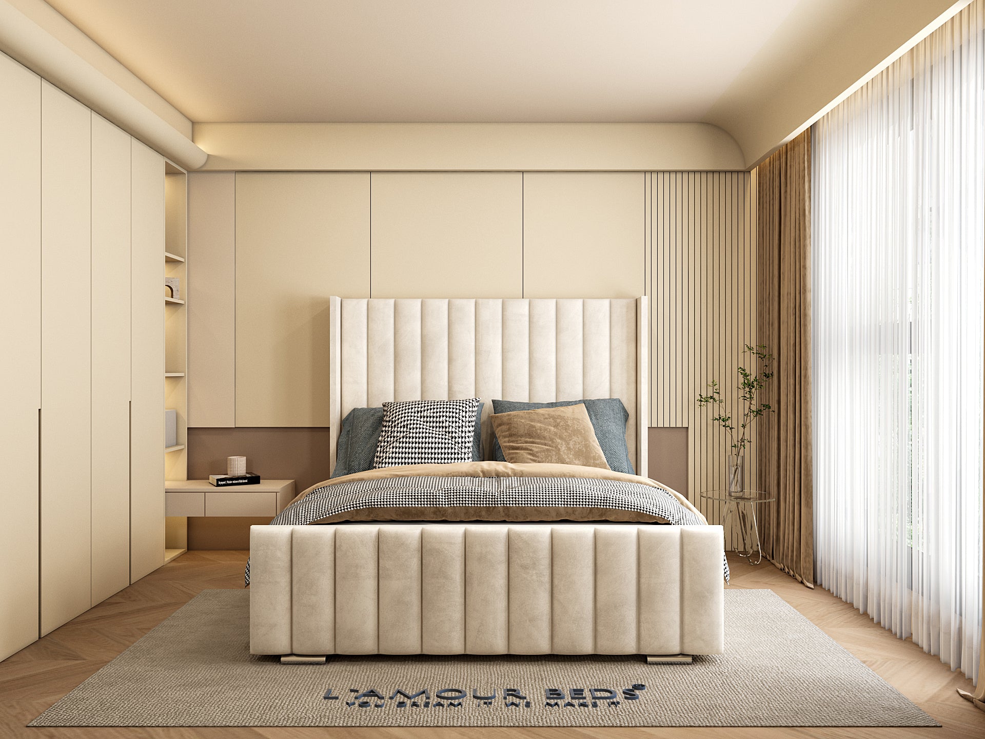 Front view of modern cream upholstered bed frame with channel panel design, elegant bedding and contemporary interior.