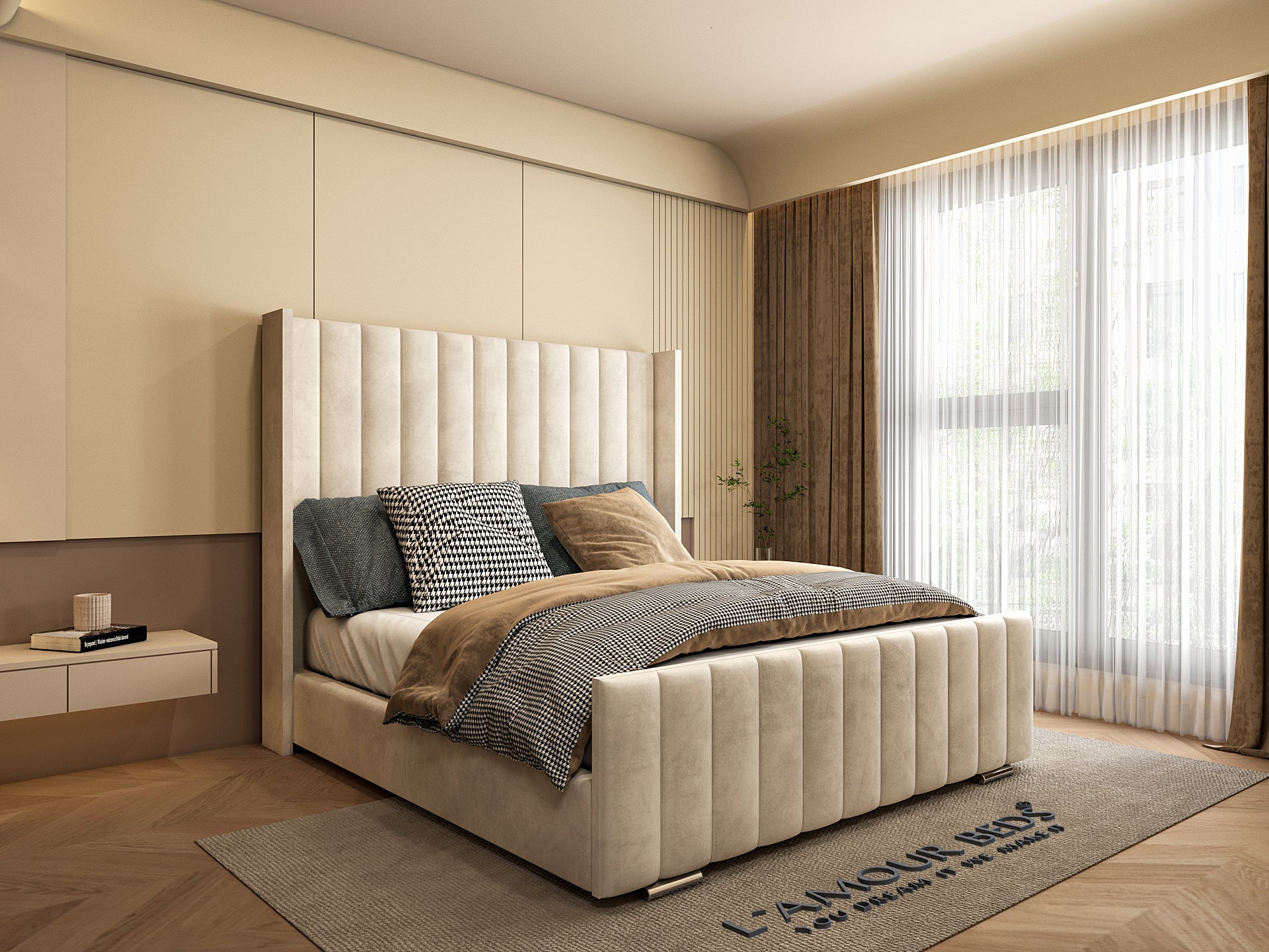 Modern cream upholstered bed frame with tall vertical panel headboard, padded footboard and soft neutral bedroom décor.