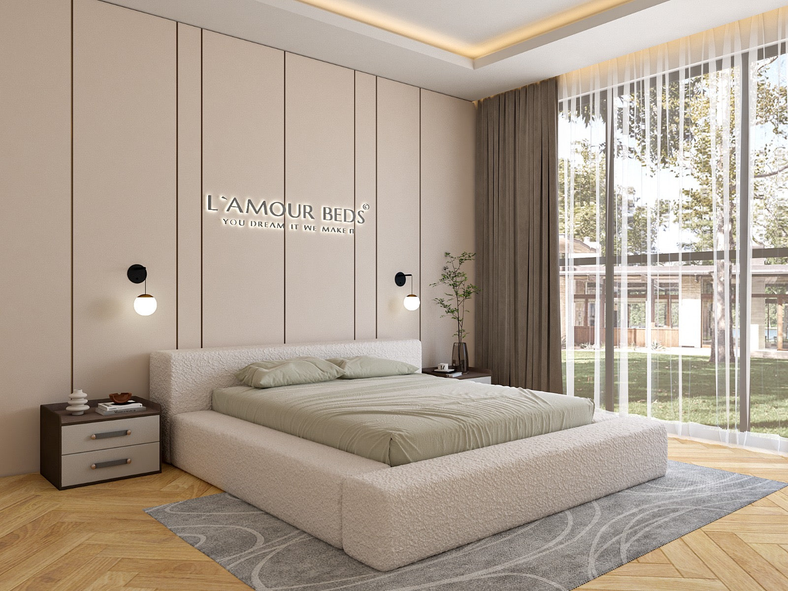 New Ariana Ambassador Boucle Bed Frame With Plain Thick Sides & Footboard - L'amour Beds