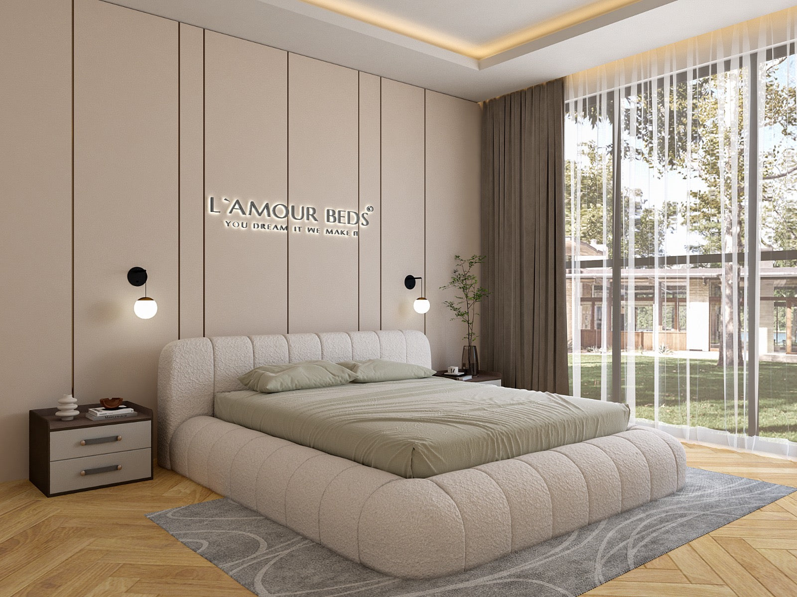 New Michellin Bubble Boucle Bed Frame With Plain Thick Sides & Footboard - L'amour Beds