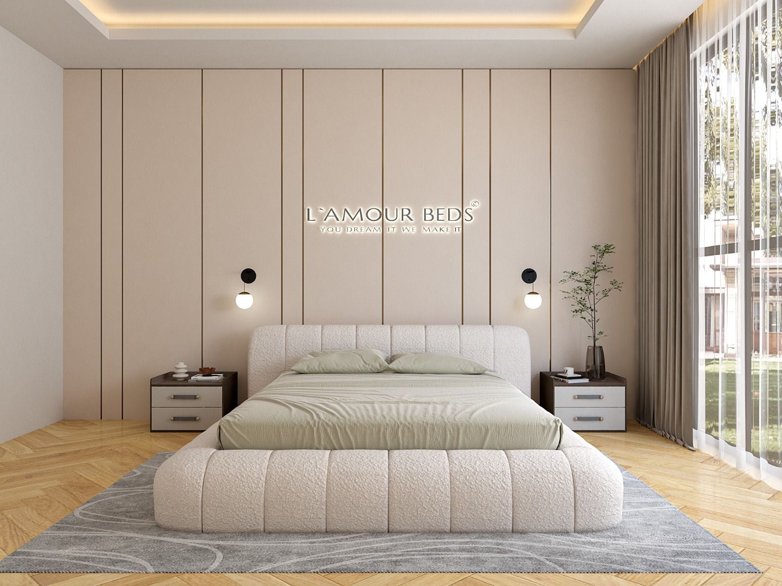 New Michellin Bubble Boucle Bed Frame With Plain Thick Sides & Footboard - L'amour Beds