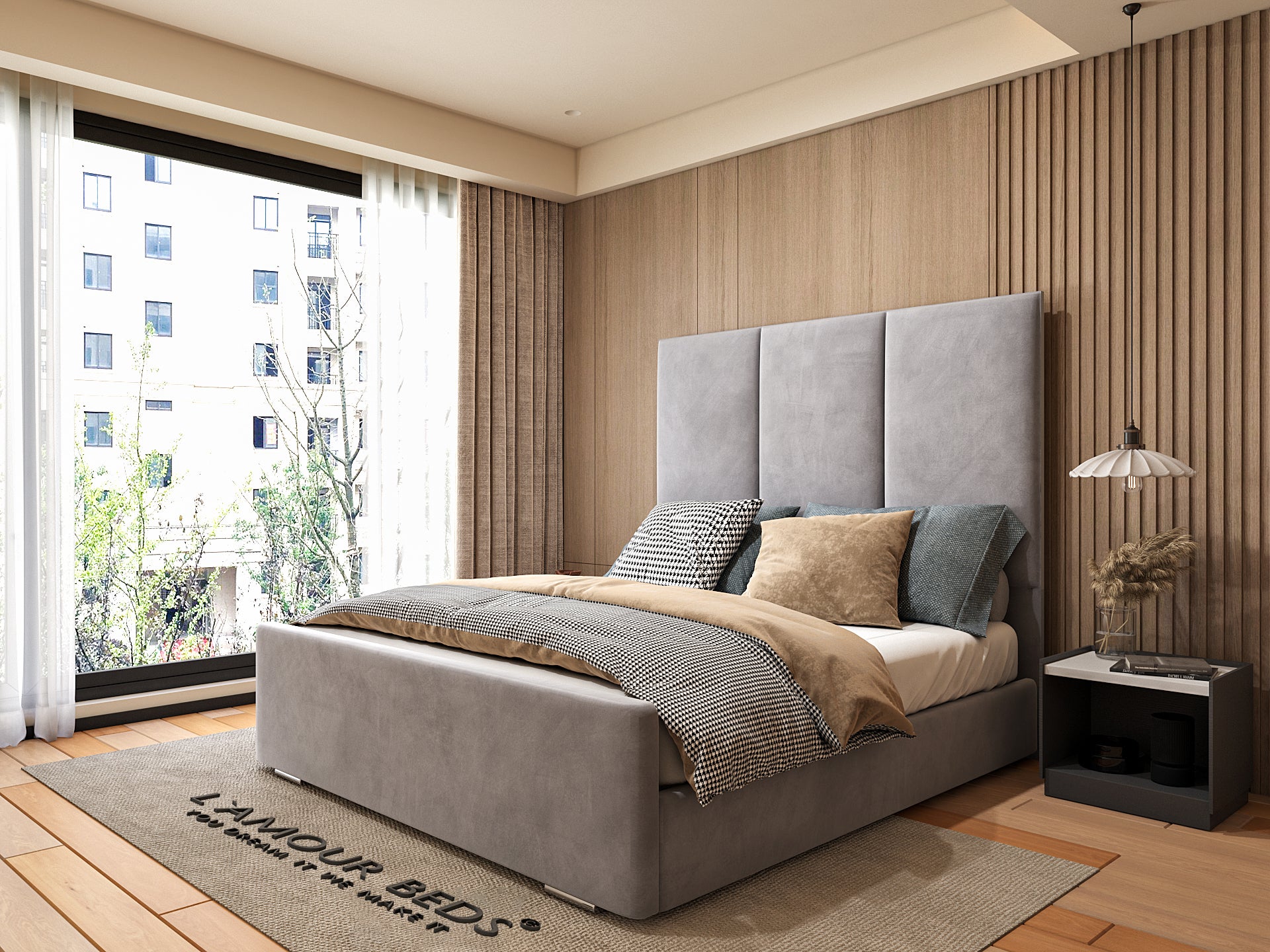 Side view of grey panel headboard bed frame with padded panels, contemporary décor and large window lighting.