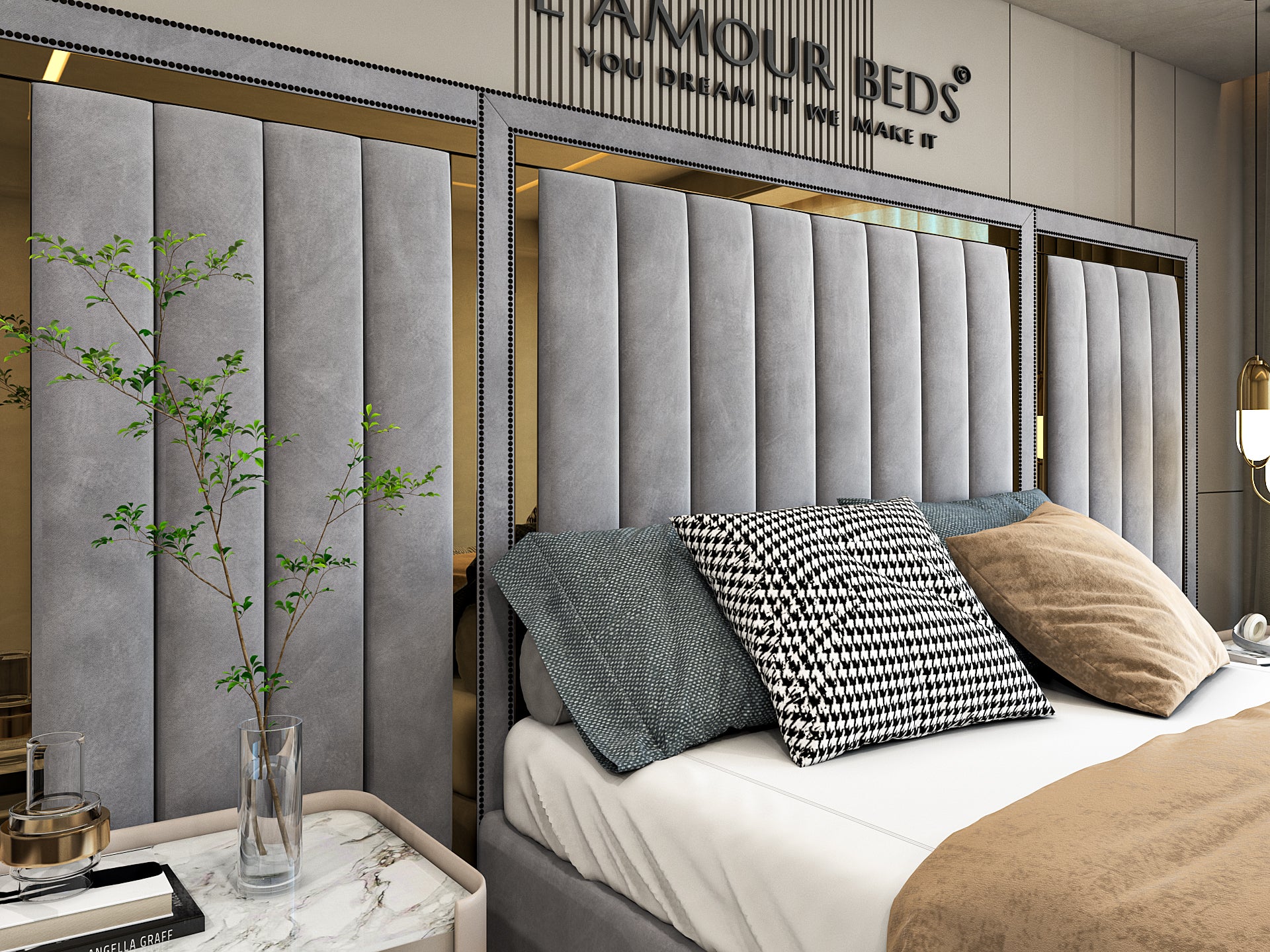 A cozy bedroom featuring a neatly made bed with gray and beige pillows, wooden shutter wall decor, and a warm, inviting ambiance.