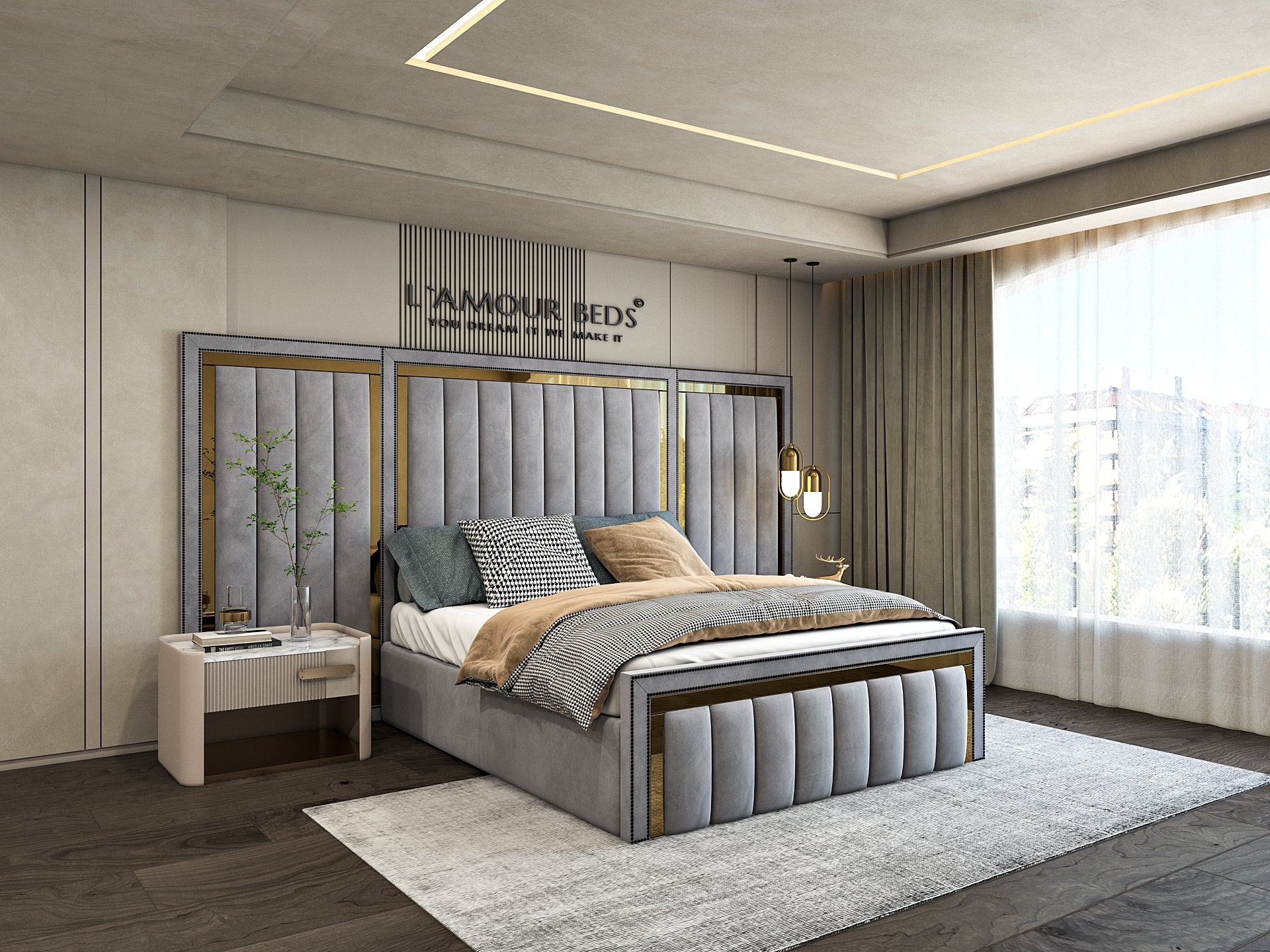 Modern bedroom with a large bed featuring a tufted headboard, gray bedding, and pillows. A large window lets in natural light, creating a serene atmosphere.