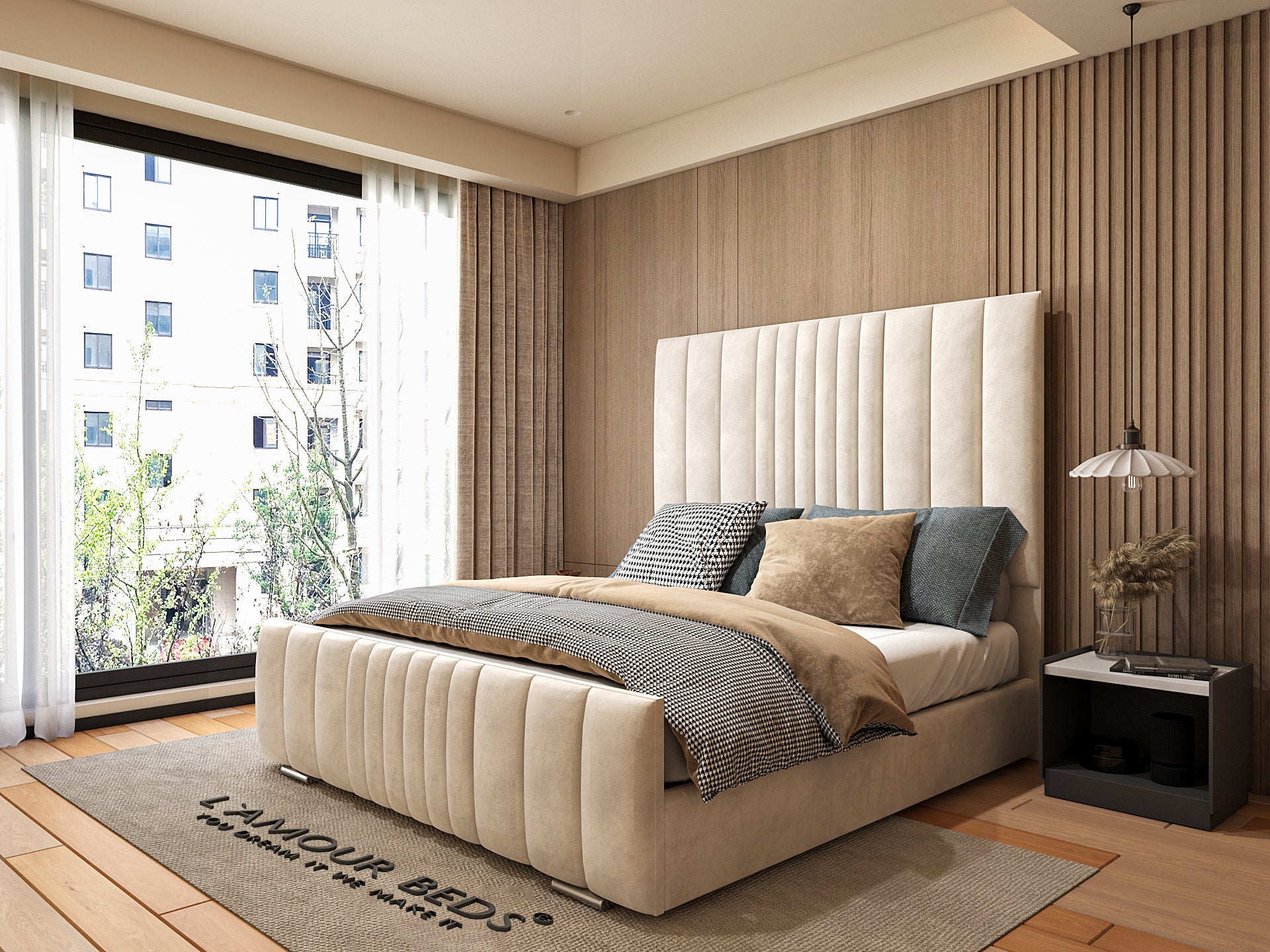 Cream tall channel panel bed frame with vertically upholstered headboard, soft fabric base and modern bedroom interior.