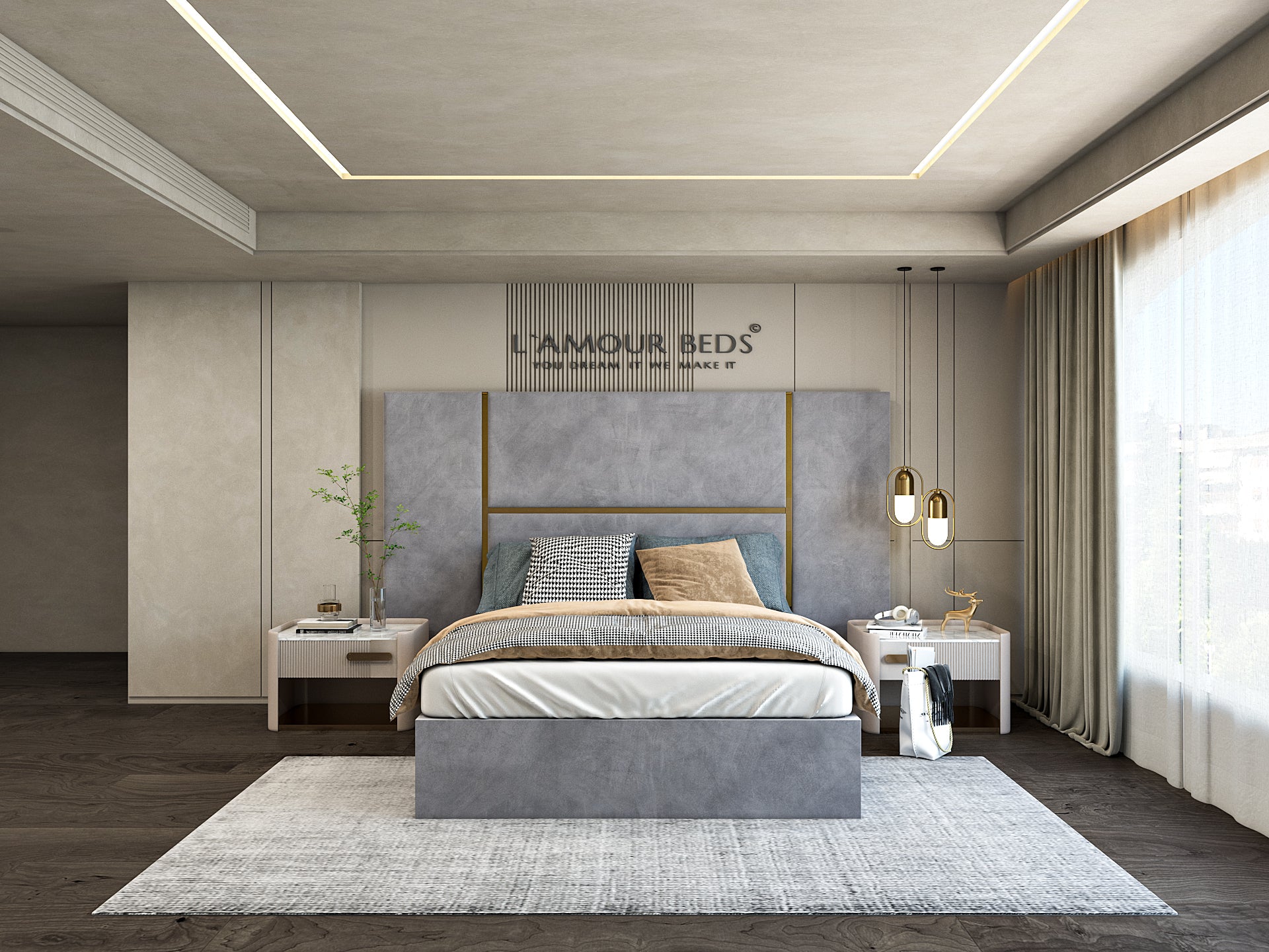 A modern bedroom with a large bed featuring gray bedding. Flanked by white nightstands and lamps, a textured gray accent wall adds elegance. Sunlight streams through a large window, creating a serene atmosphere.