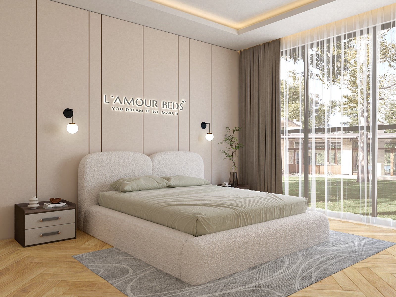 New Dana Cloud Ambassador Boucle Bed Frame With Plain Thick Sides & Footboard - L'amour Beds