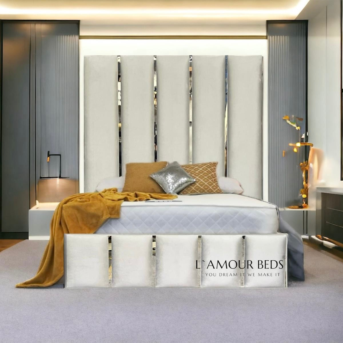 Daisy V3 Panel Bed with Crome and Gold Trim Detailing 12” footboard - L'amour Beds