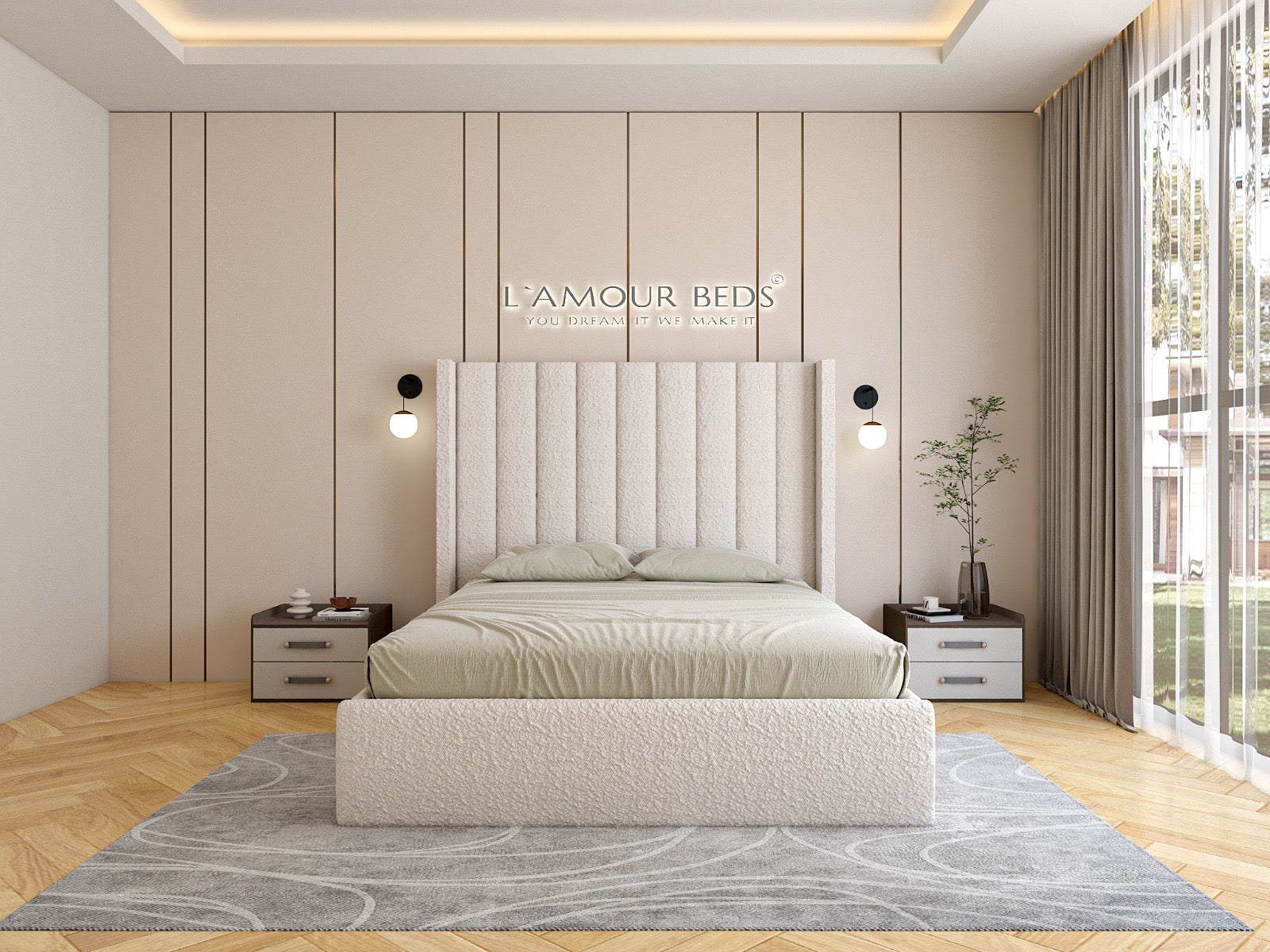 New Dusk Wingback Boucle Bed Frame With Plain Footboard - L'amour Beds