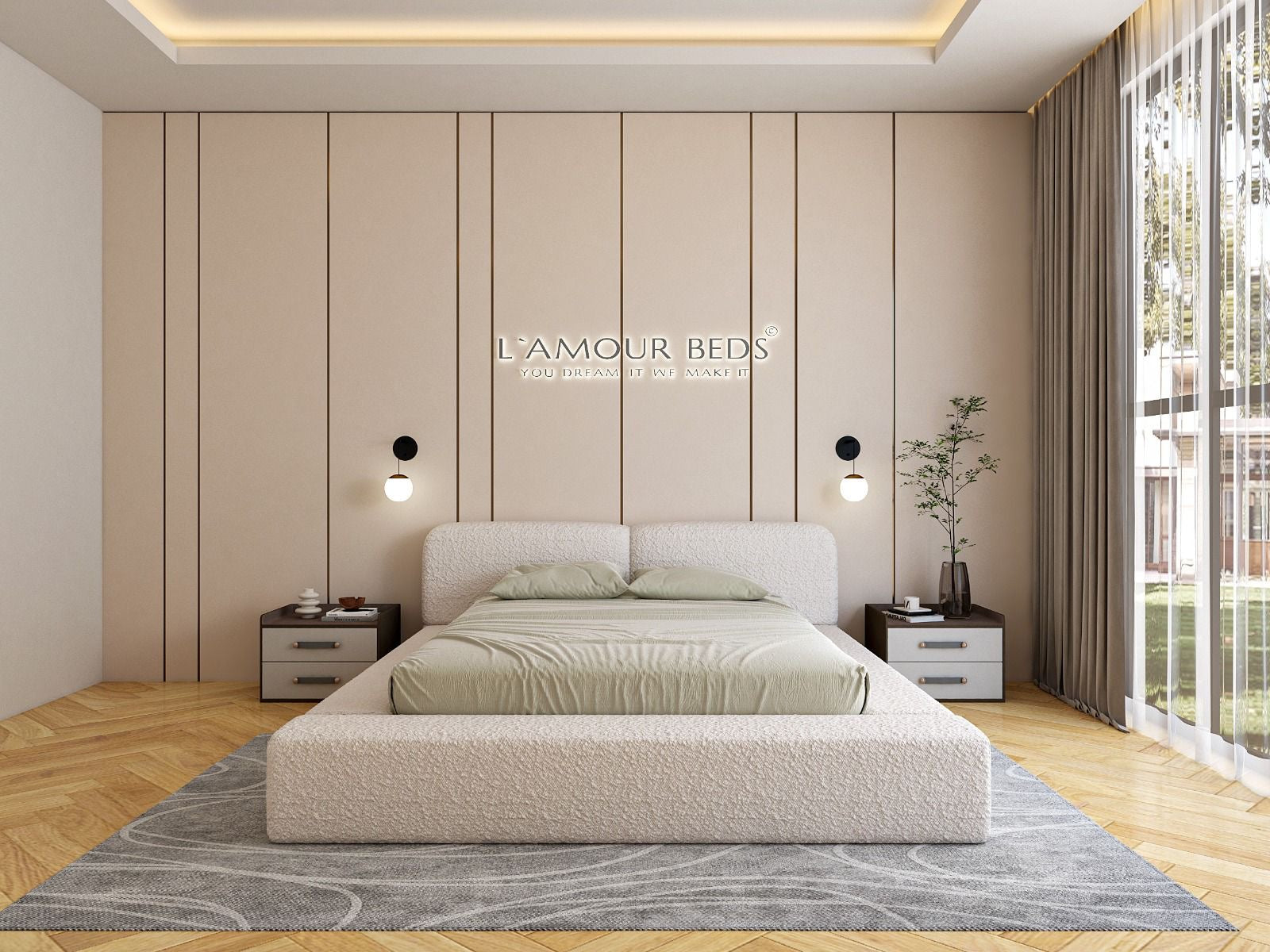 New Nyla Cloud Ambassador Boucle Bed Frame With Plain Thick Sides & Footboard - L'amour Beds