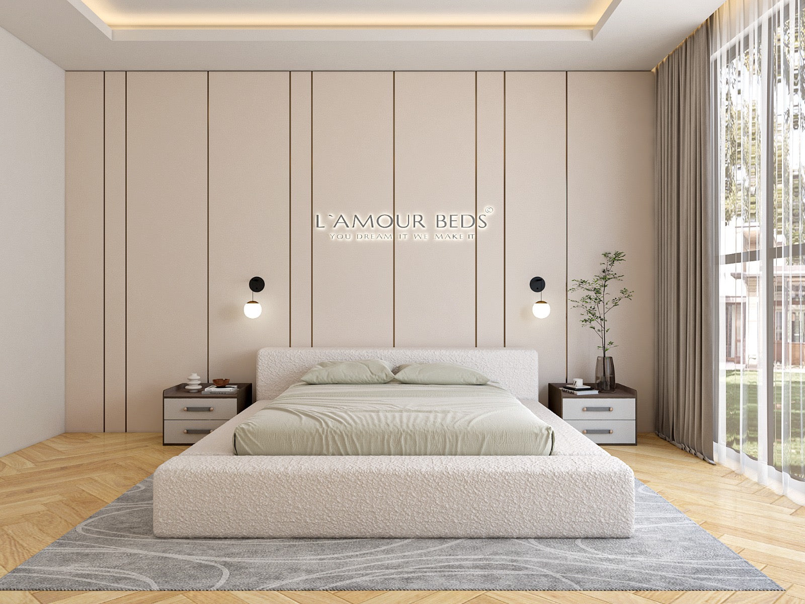 New Ariana Ambassador Boucle Bed Frame With Plain Thick Sides & Footboard - L'amour Beds