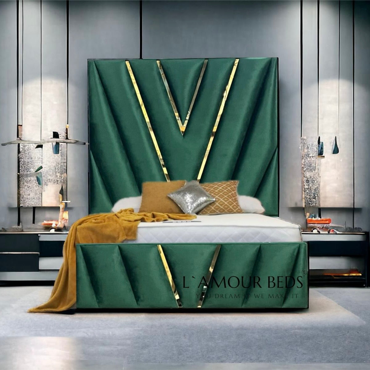 Veronica V panel bed with Gold Trim detailing 12” footboard - L'amour Beds