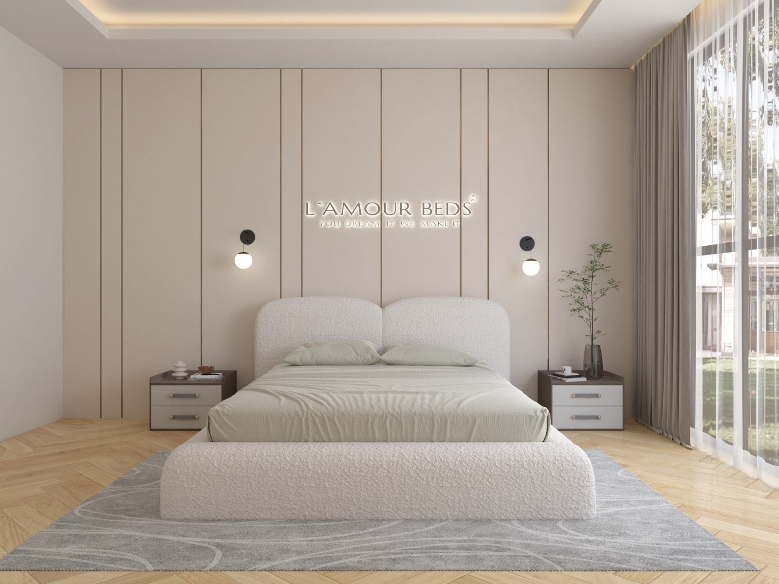 New Dana Cloud Ambassador Boucle Bed Frame With Plain Thick Sides & Footboard - L'amour Beds