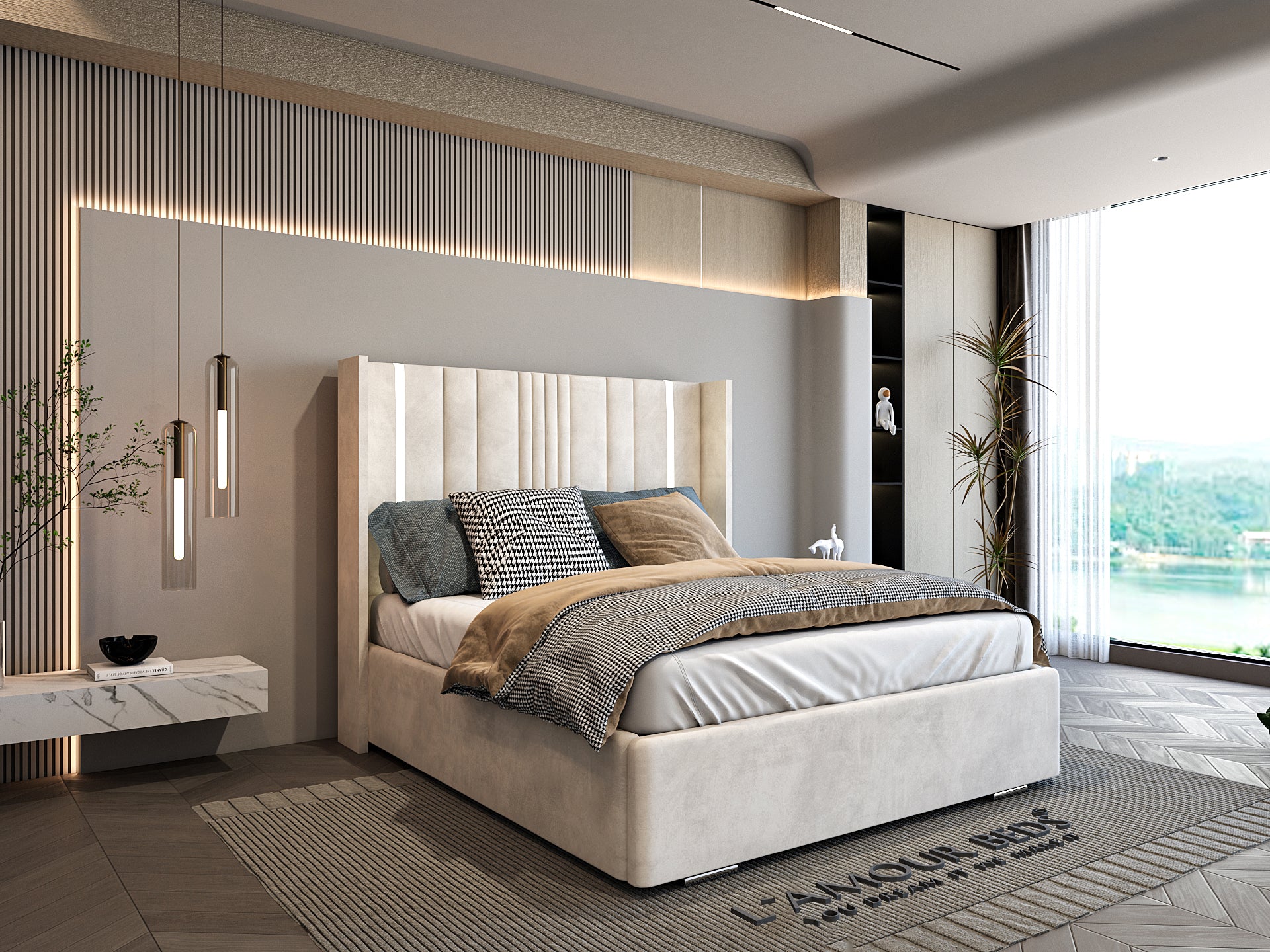 Cream Upholstered LED Panel Headboard Led Bed