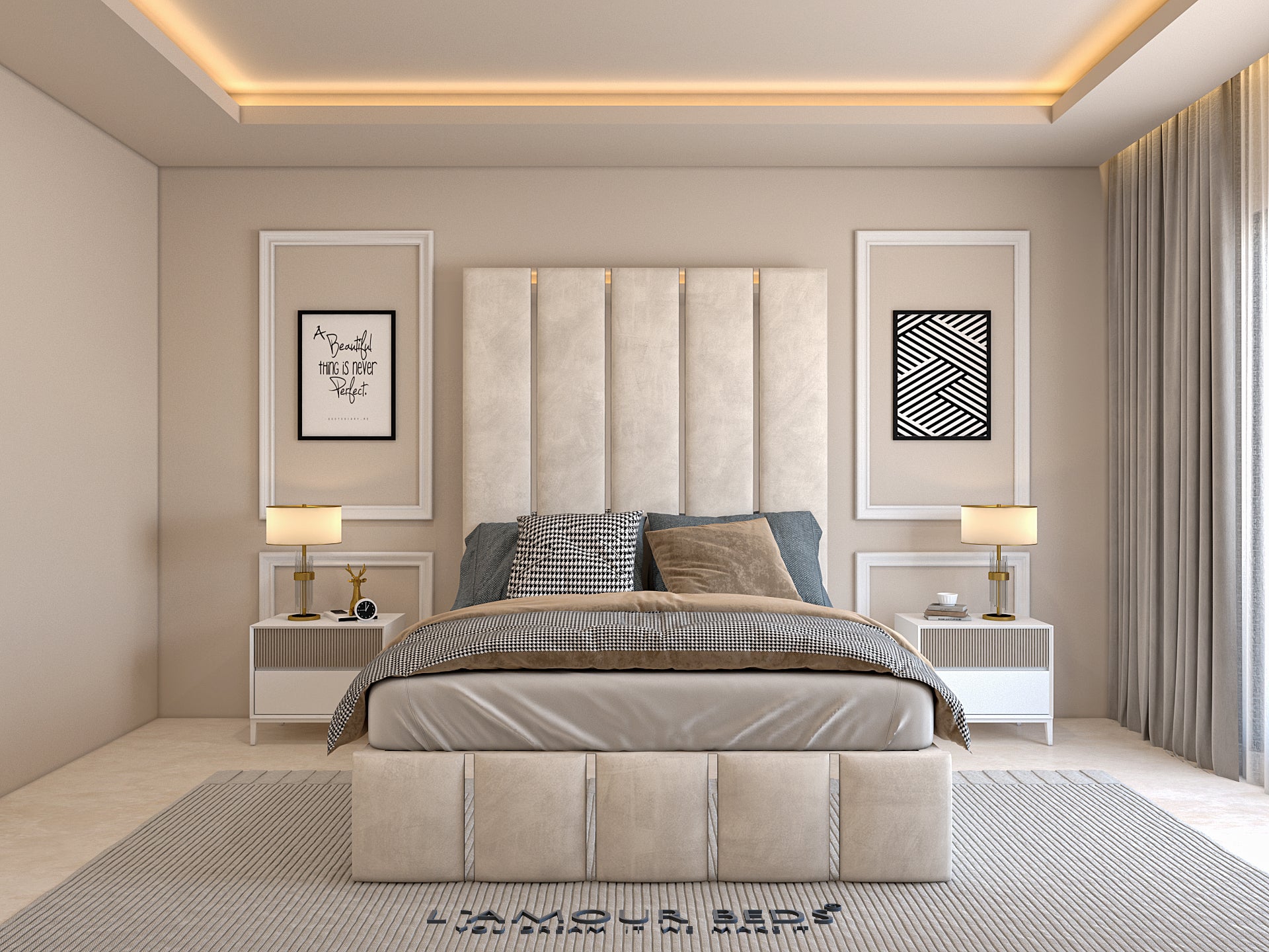 Amilia Panel Bed Frame With Gold/Silver Trim