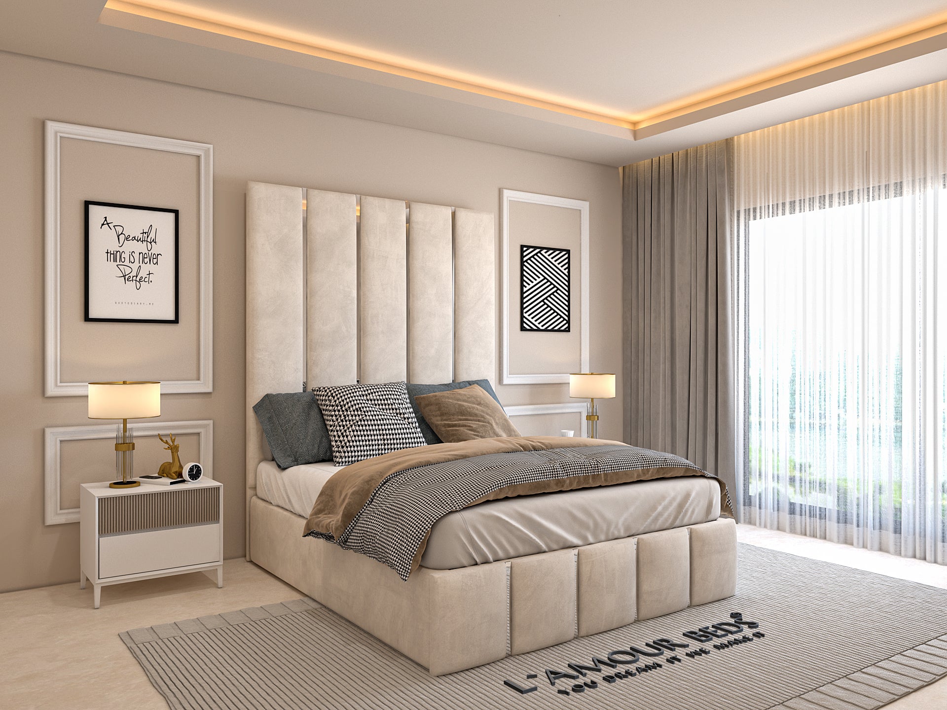 Amilia Panel Bed Frame With Gold/Silver Trim