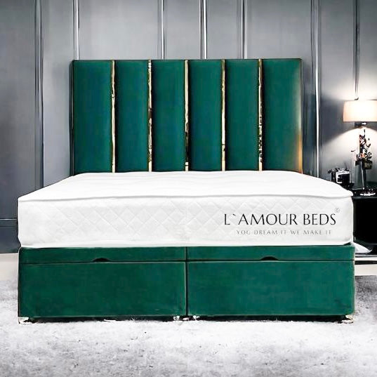 Midnight Edition Gold Strip Panel Velvet Ottoman Bed Base - L'amour Beds