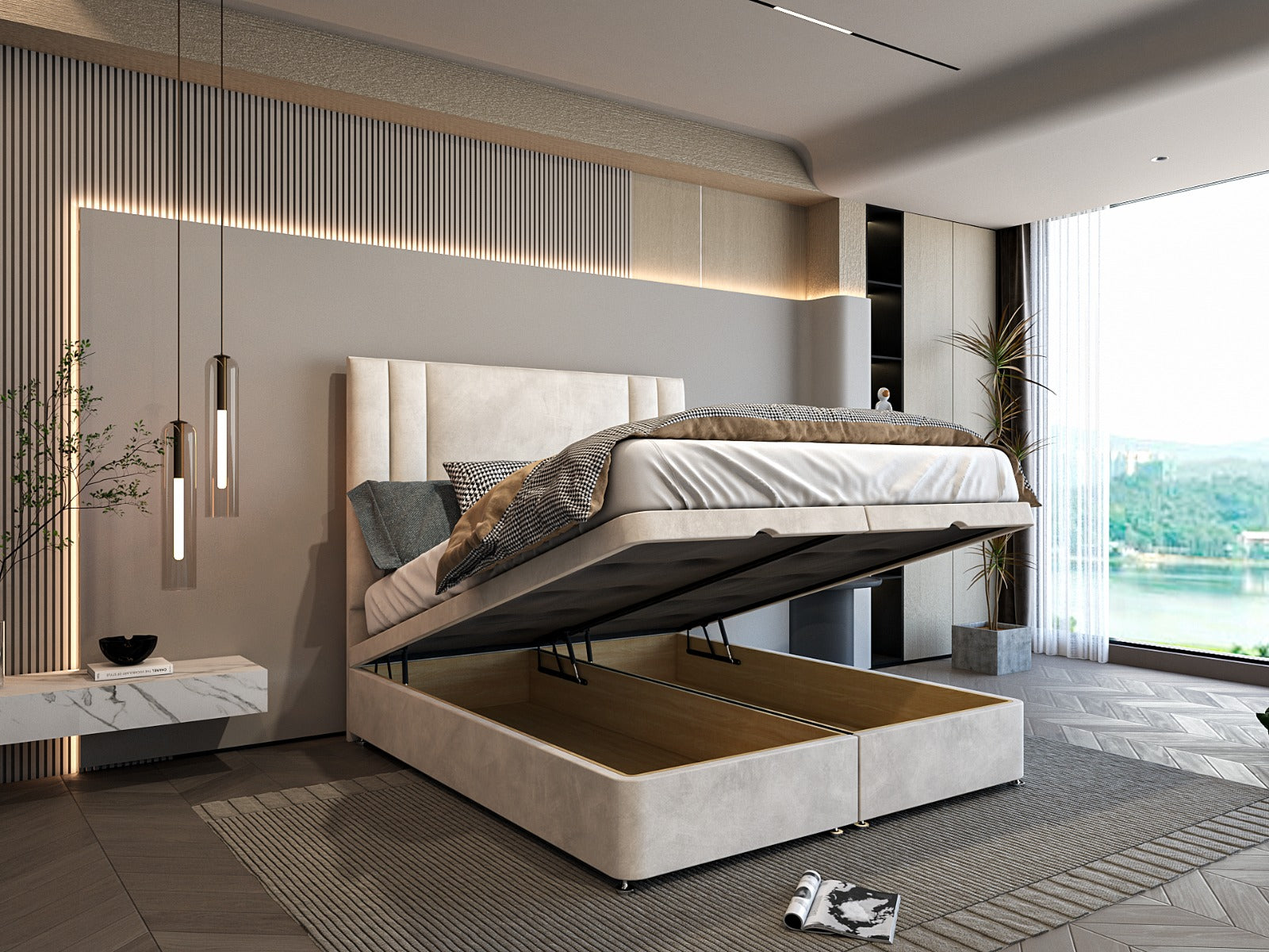 Novarise Ottoman Divan Storage Bed With Vertical Multi Panel Headboard