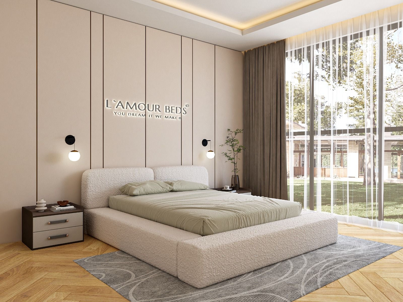 New Nyla Cloud Ambassador Boucle Bed Frame With Plain Thick Sides & Footboard - L'amour Beds