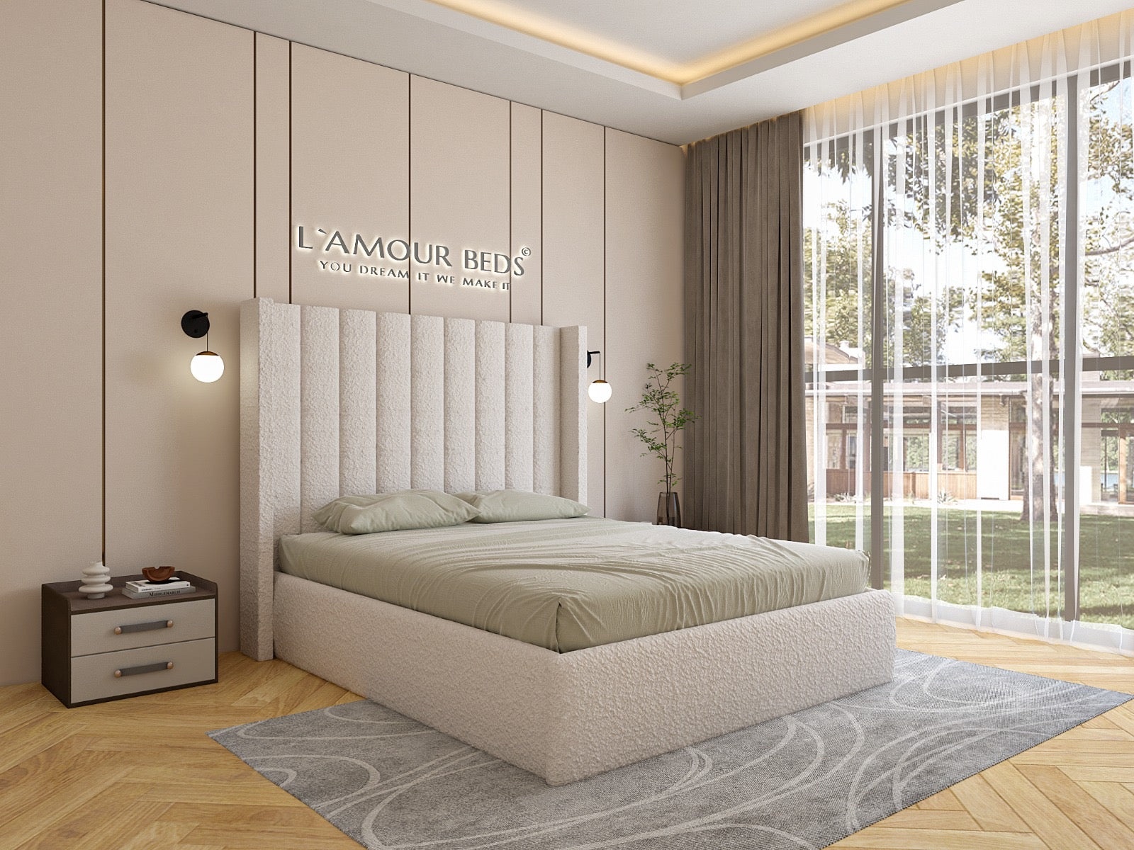 New Dusk Wingback Boucle Bed Frame With Plain Footboard - L'amour Beds