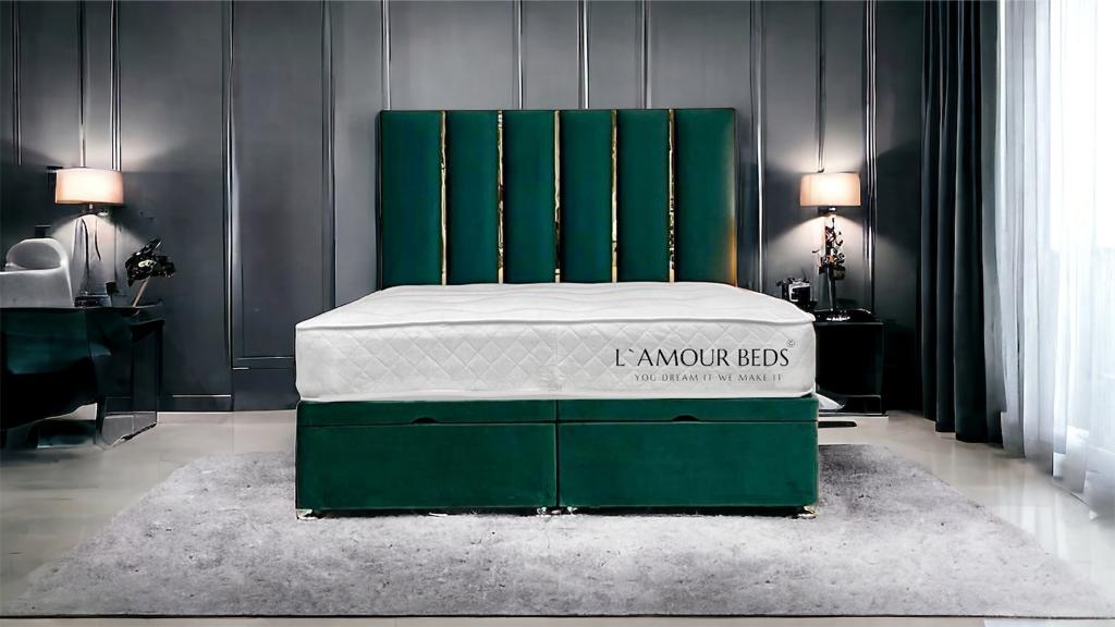 Midnight Edition Gold Strip Panel Velvet Ottoman Bed Base - L'amour Beds