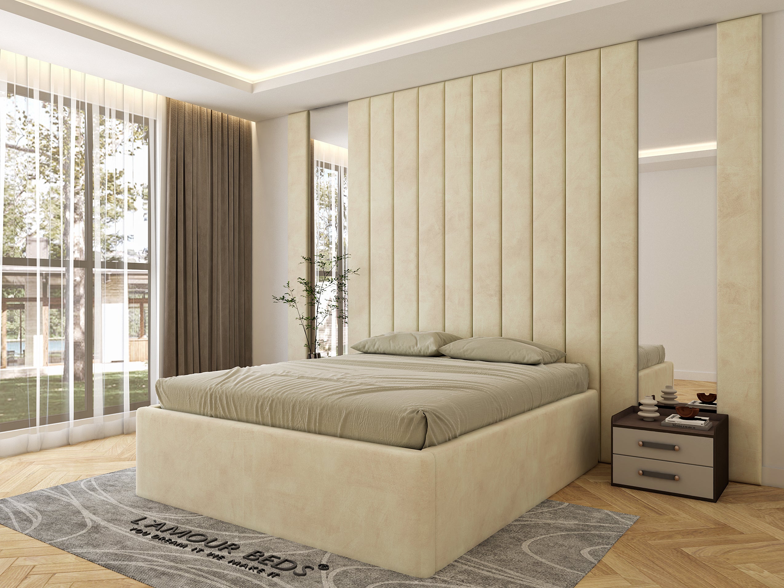 Kendrall Luxury Wall Panel Bed Frame With Mirrors